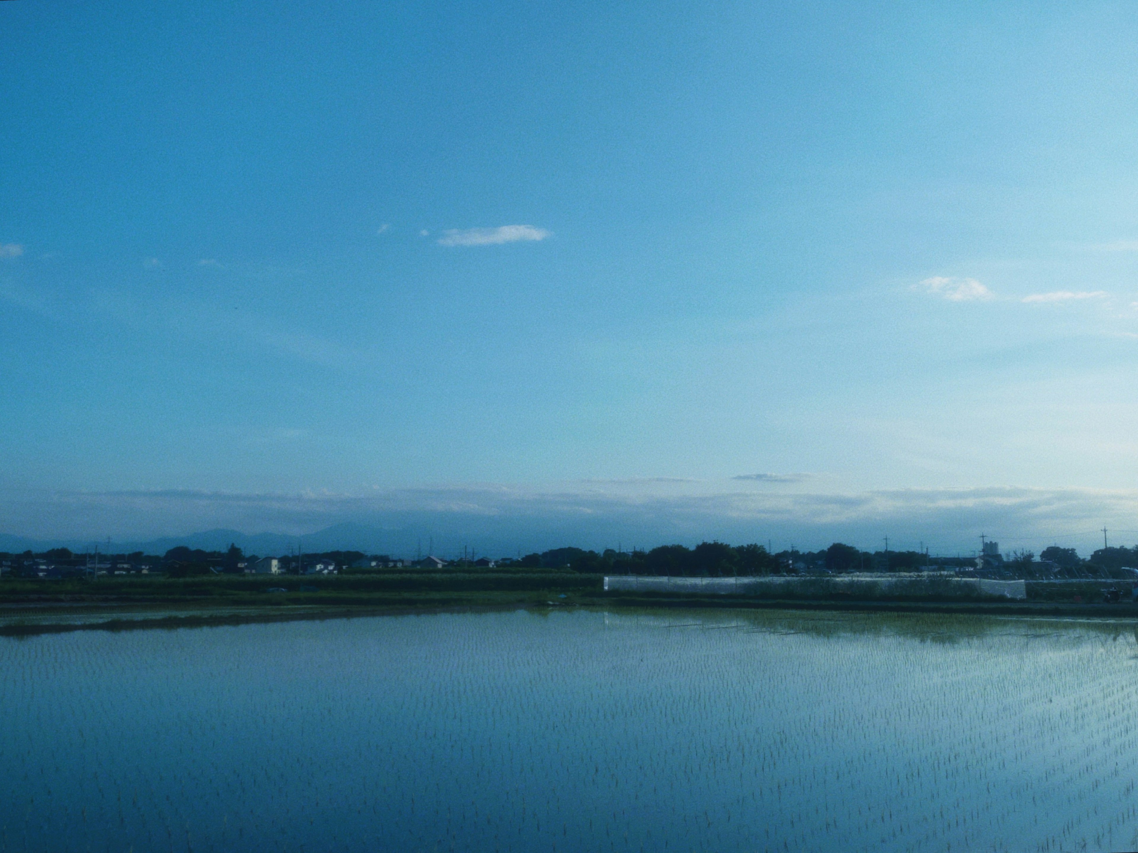 A serene landscape featuring a blue sky and calm water surface