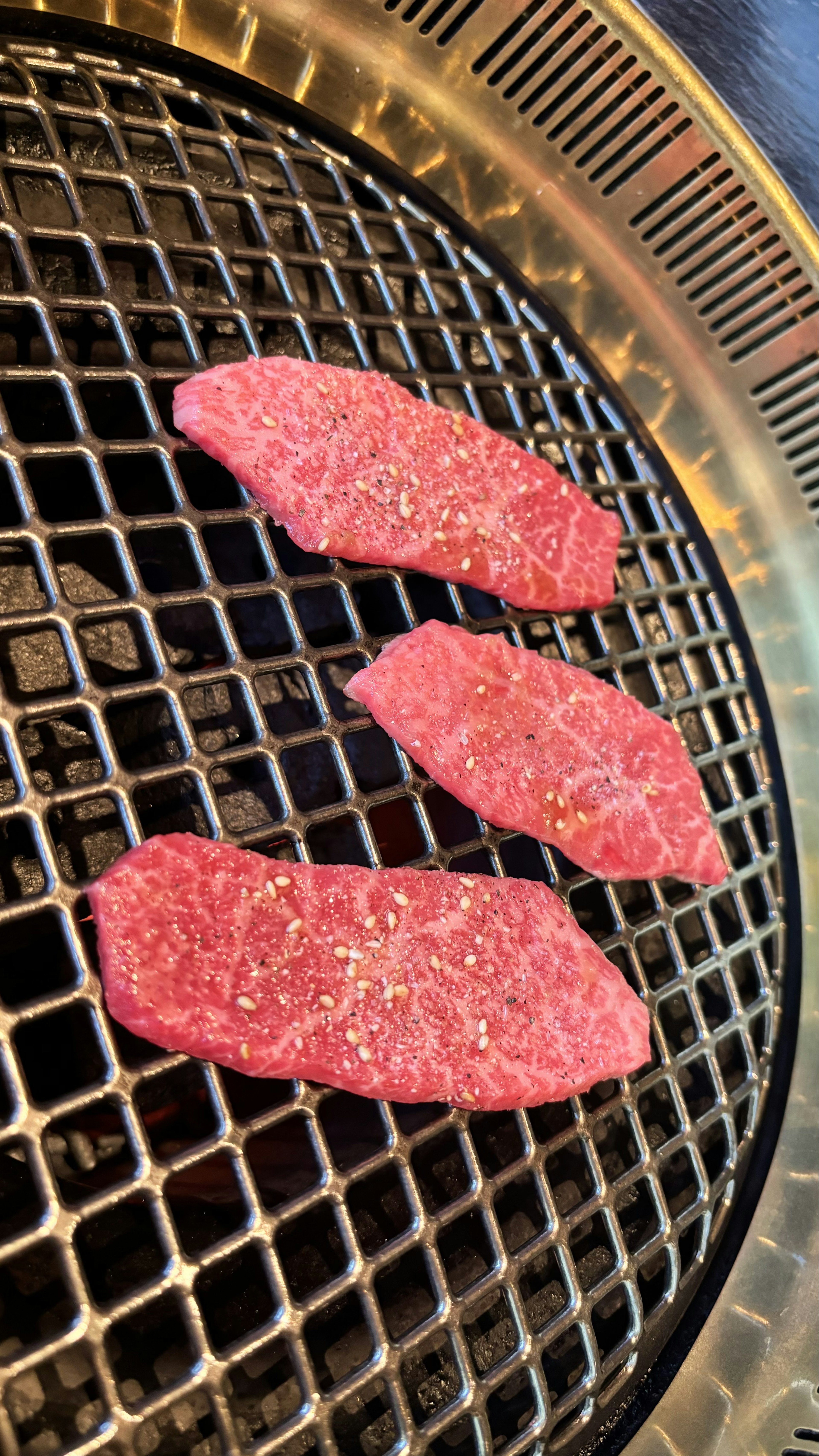 Rebanadas de carne asándose en una parrilla de malla