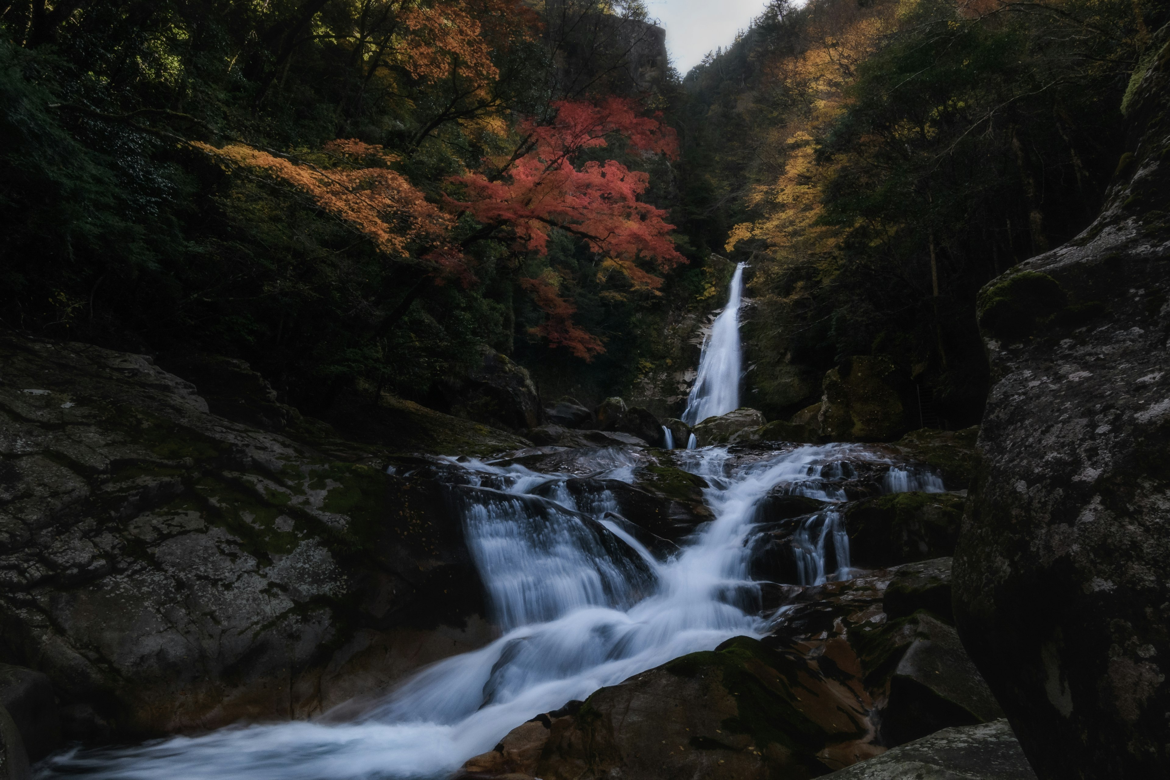 Cascada pintoresca rodeada de follaje otoñal Agua cayendo sobre rocas