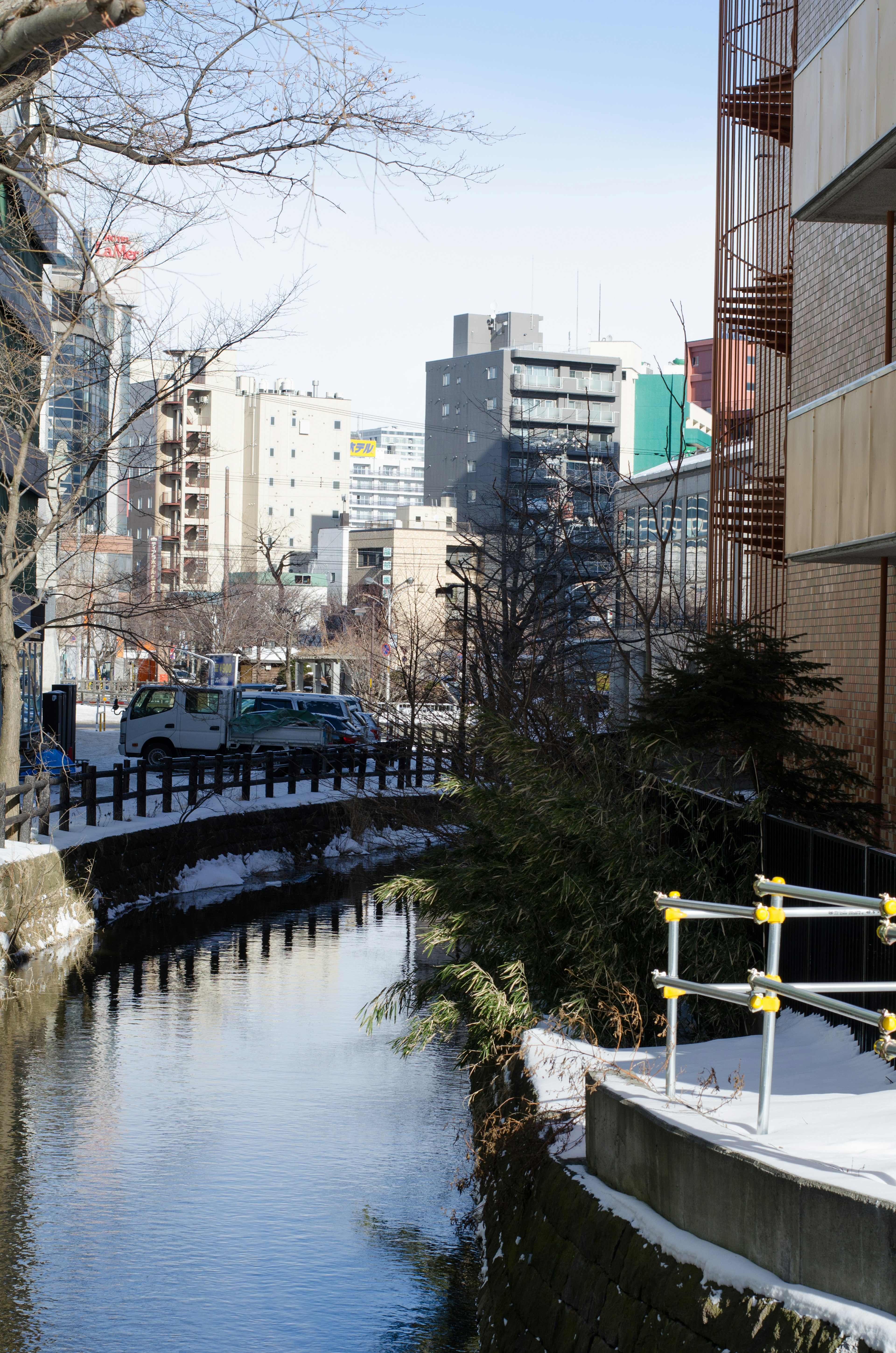 Scène urbaine au bord de la rivière avec des gratte-ciel et des arbres