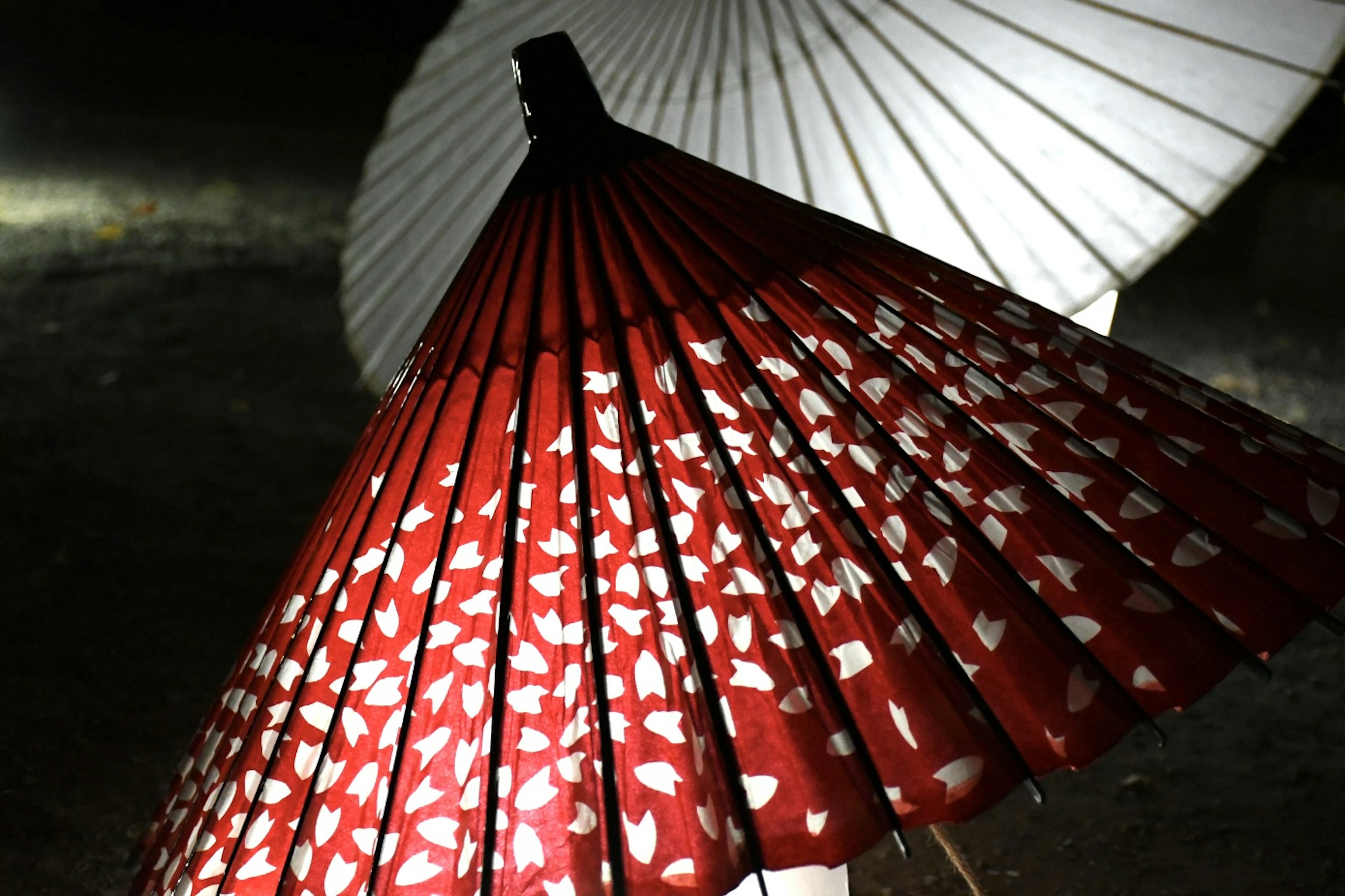 Ein schönes Bild eines roten und weißen traditionellen japanischen Regenschirms