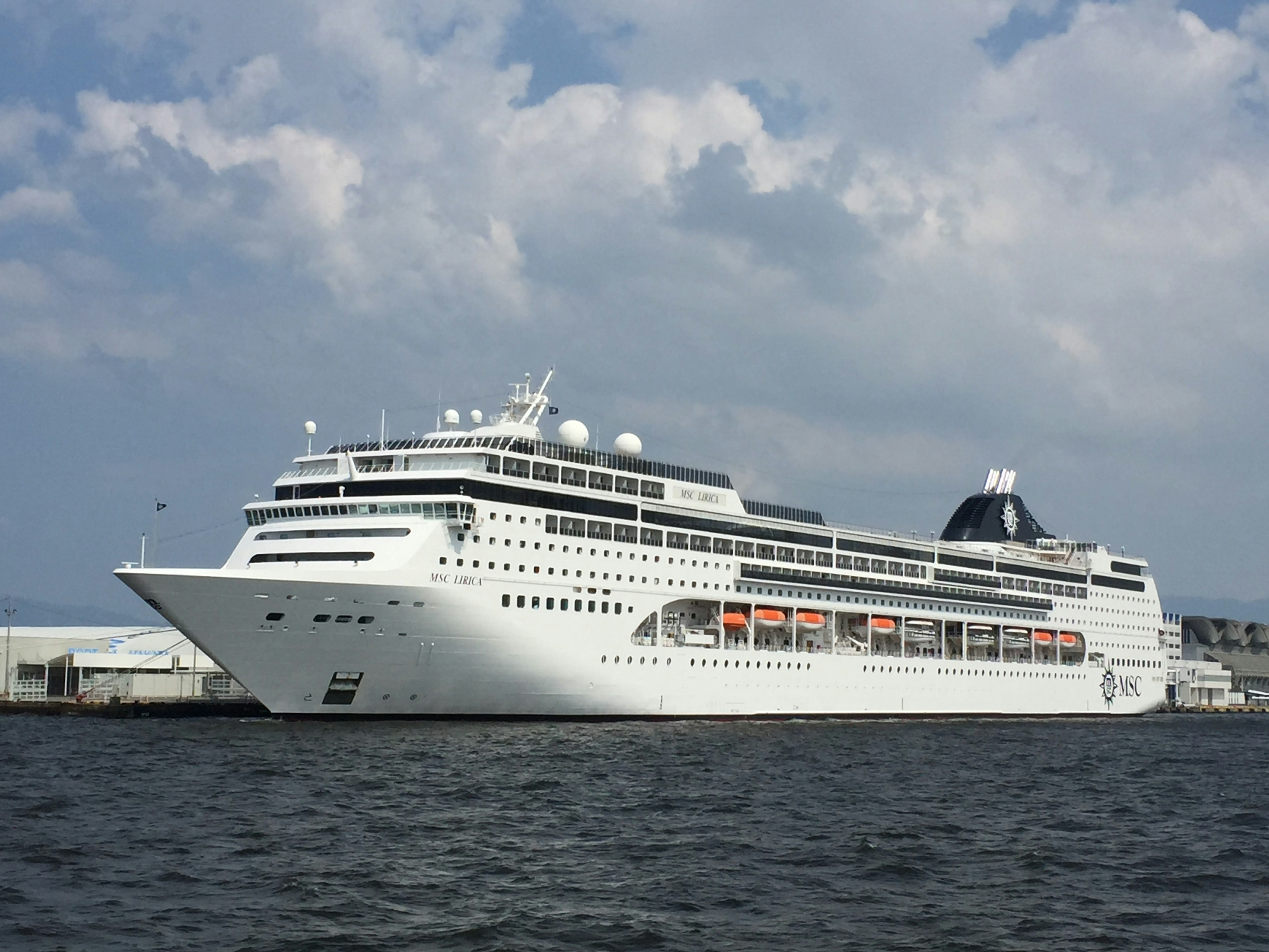 A large white cruise ship docked at a harbor