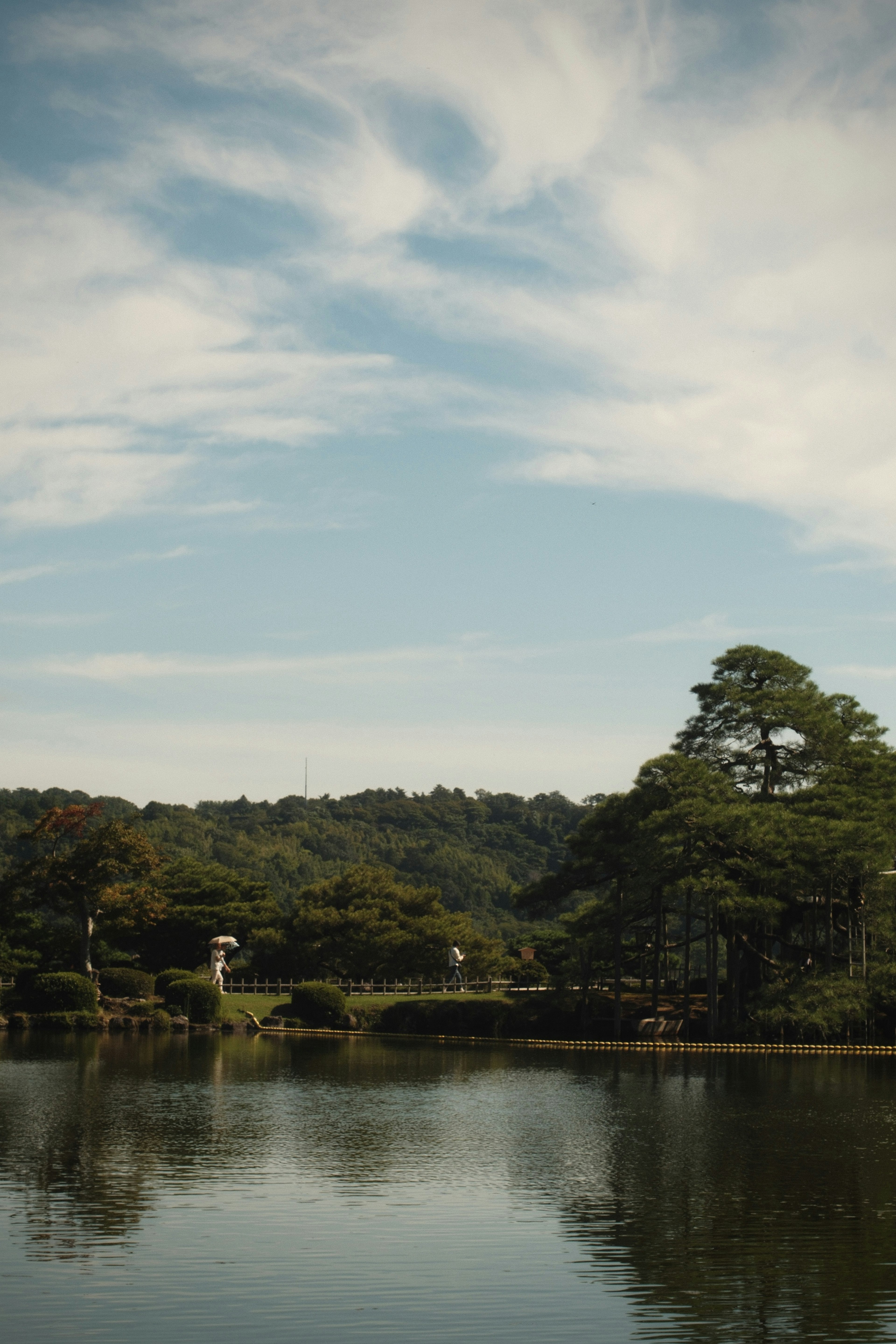 Serene lake with green trees under a blue sky