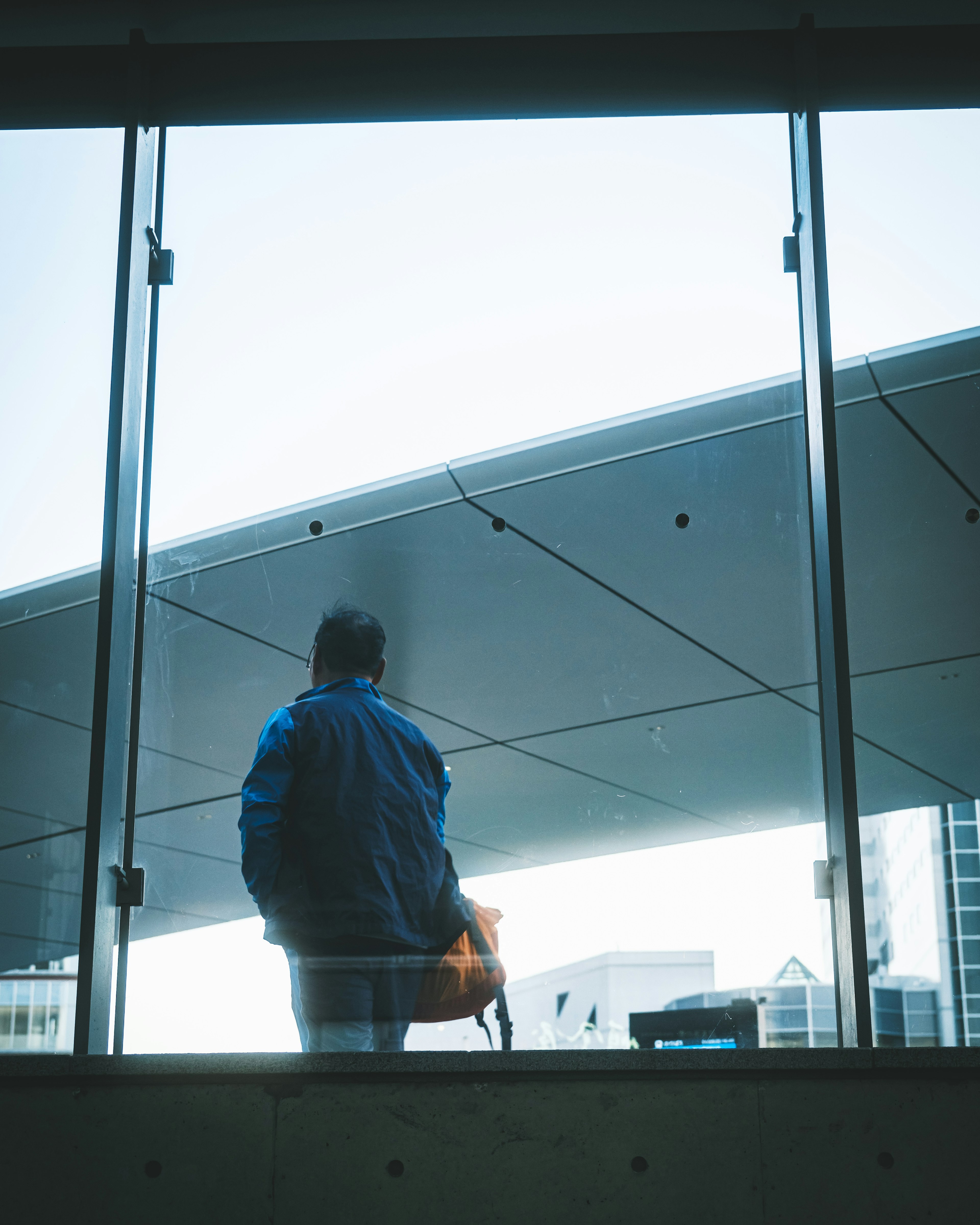 A person standing behind glass in a modern architectural setting