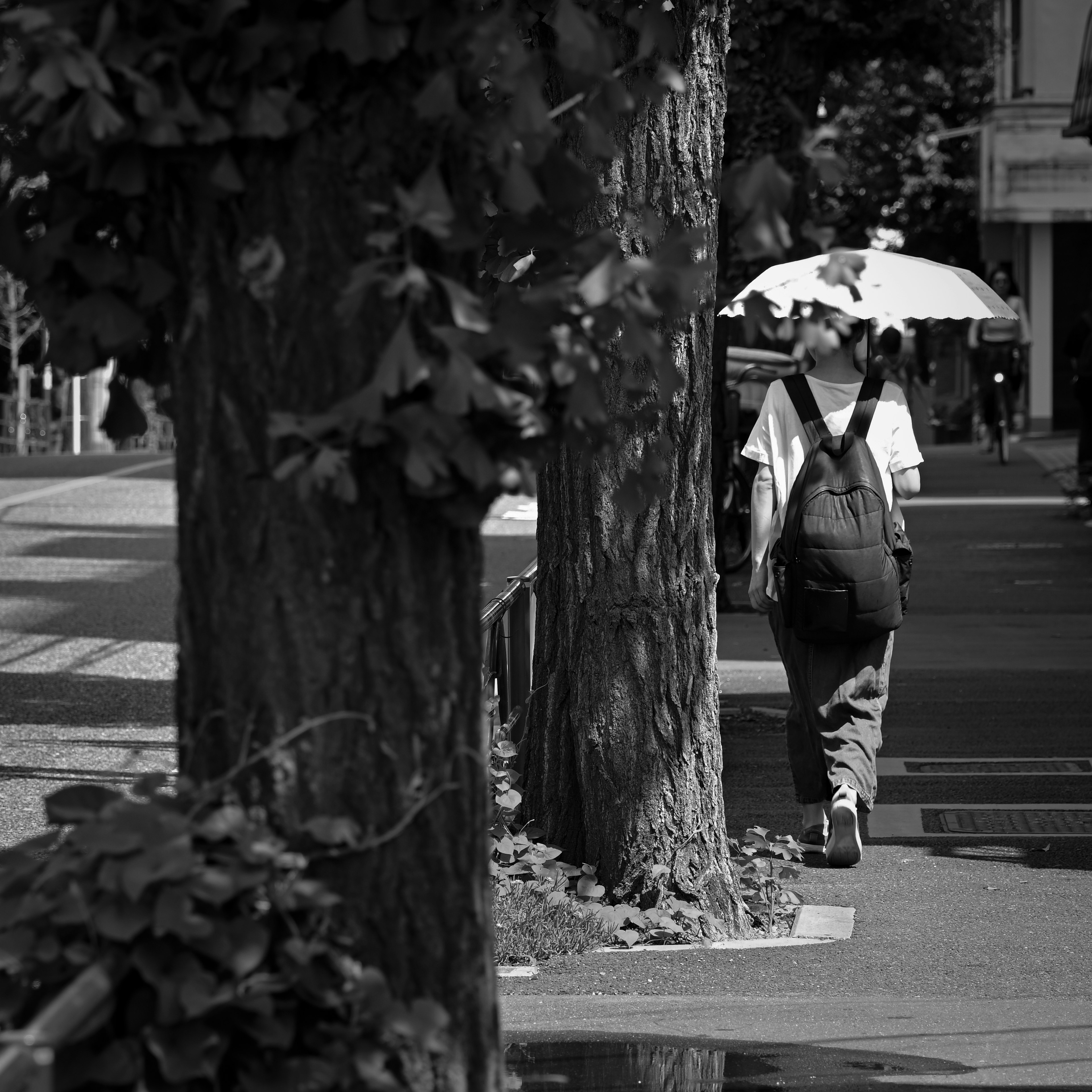 傘をさした人が街を歩いているモノクロの風景