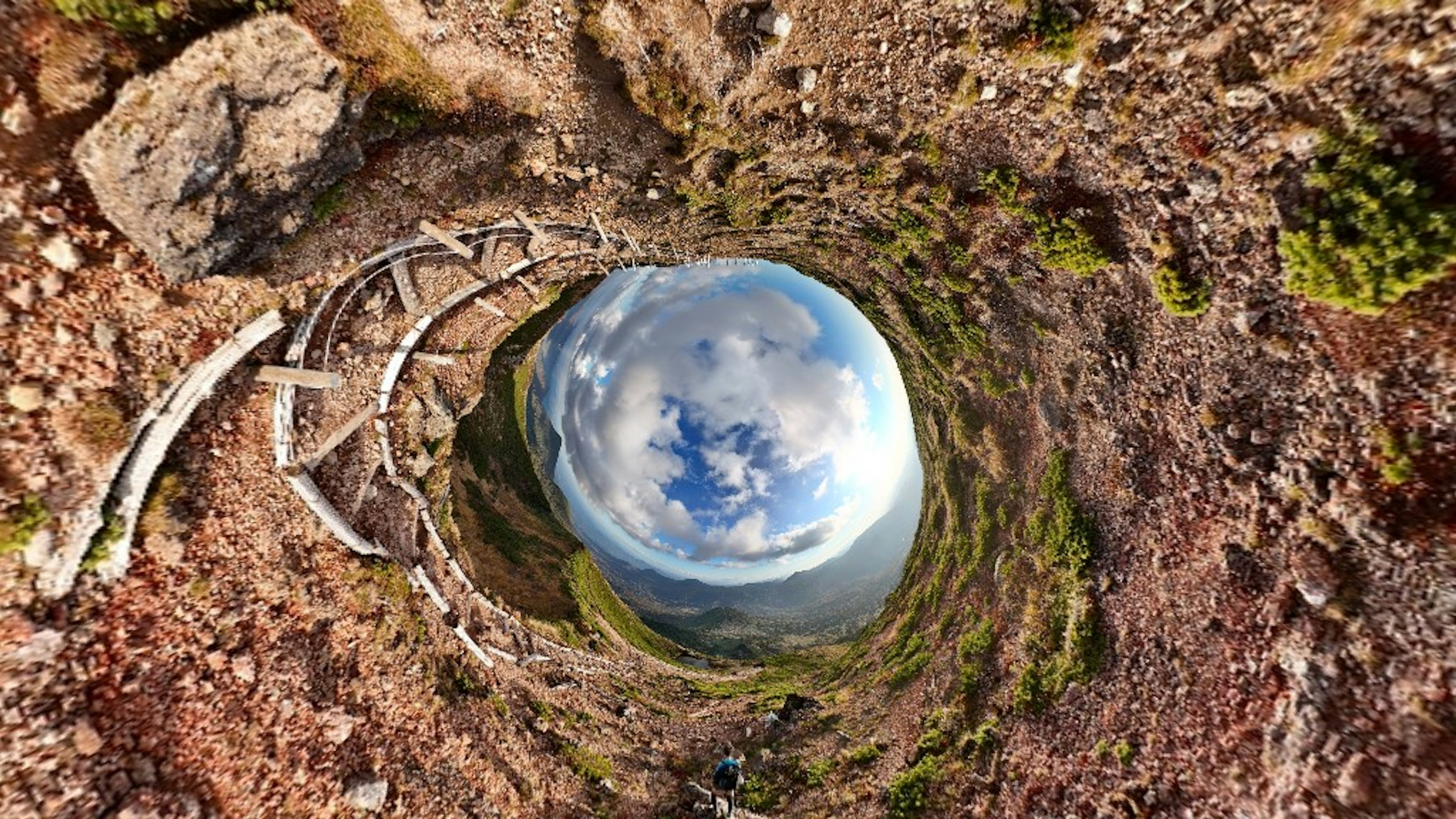 A spherical reflective object capturing the surrounding landscape