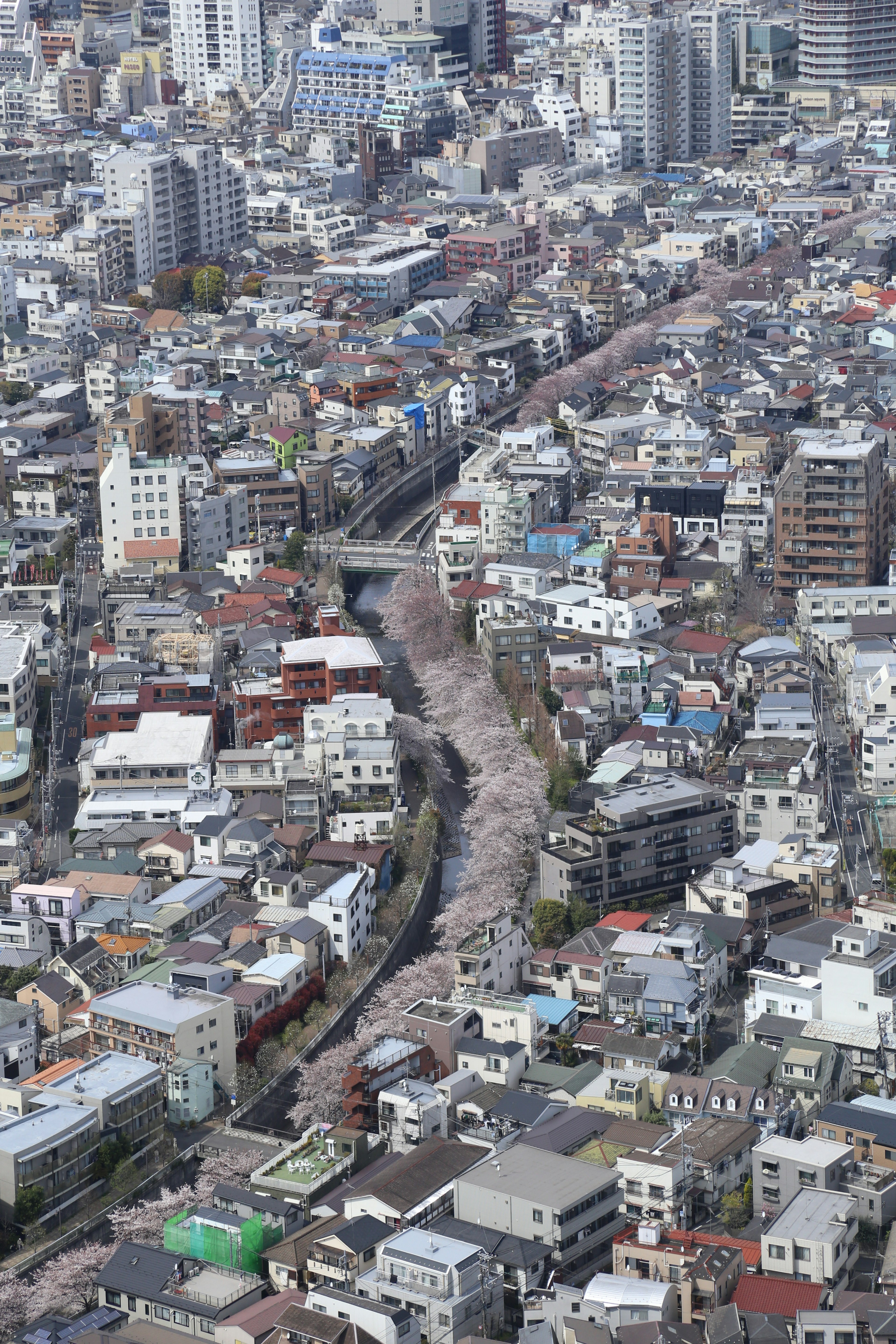 Aerial view of a cityscape featuring a river and residential buildings