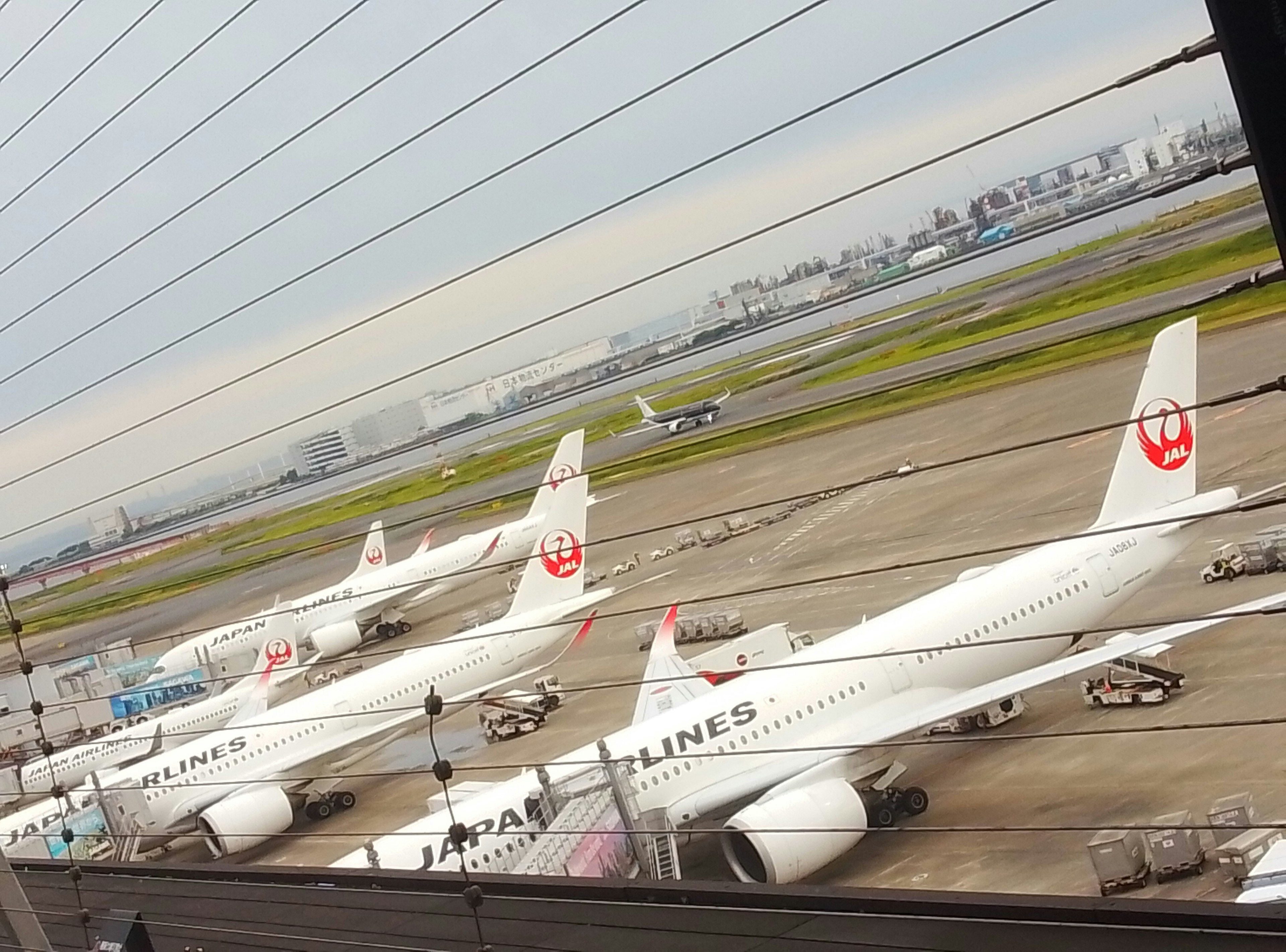 แถวของเครื่องบิน Japan Airlines บนรันเวย์สนามบินใต้ท้องฟ้าที่มีเมฆมาก