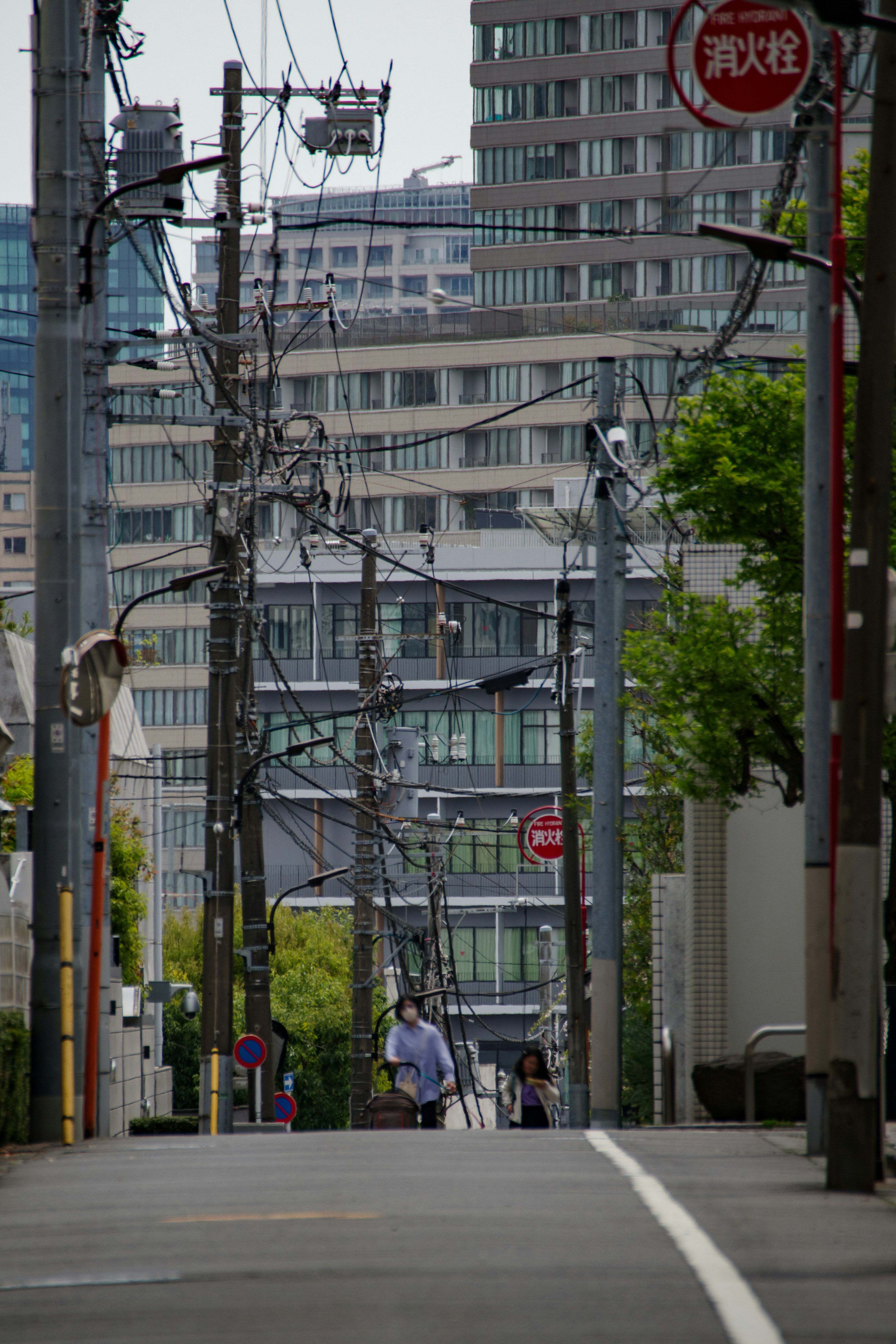 Vue urbaine avec des poteaux électriques et des bâtiments