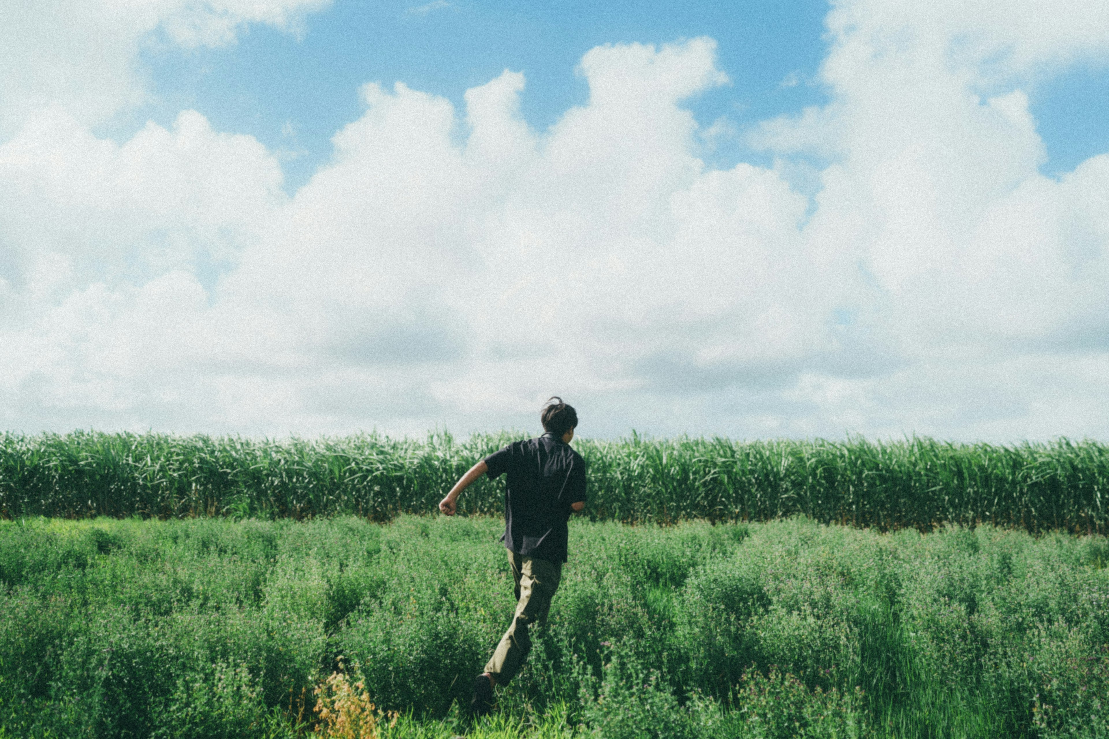 Person running through a green field under a blue sky