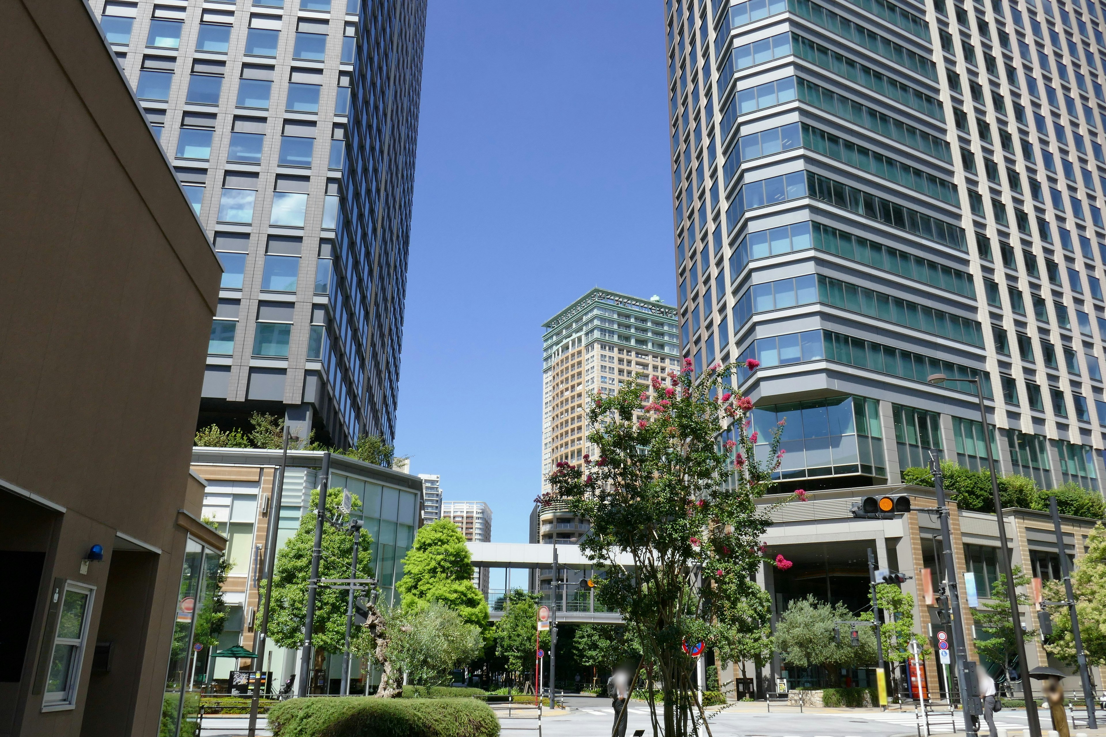 Urban landscape with towering buildings and clear blue sky