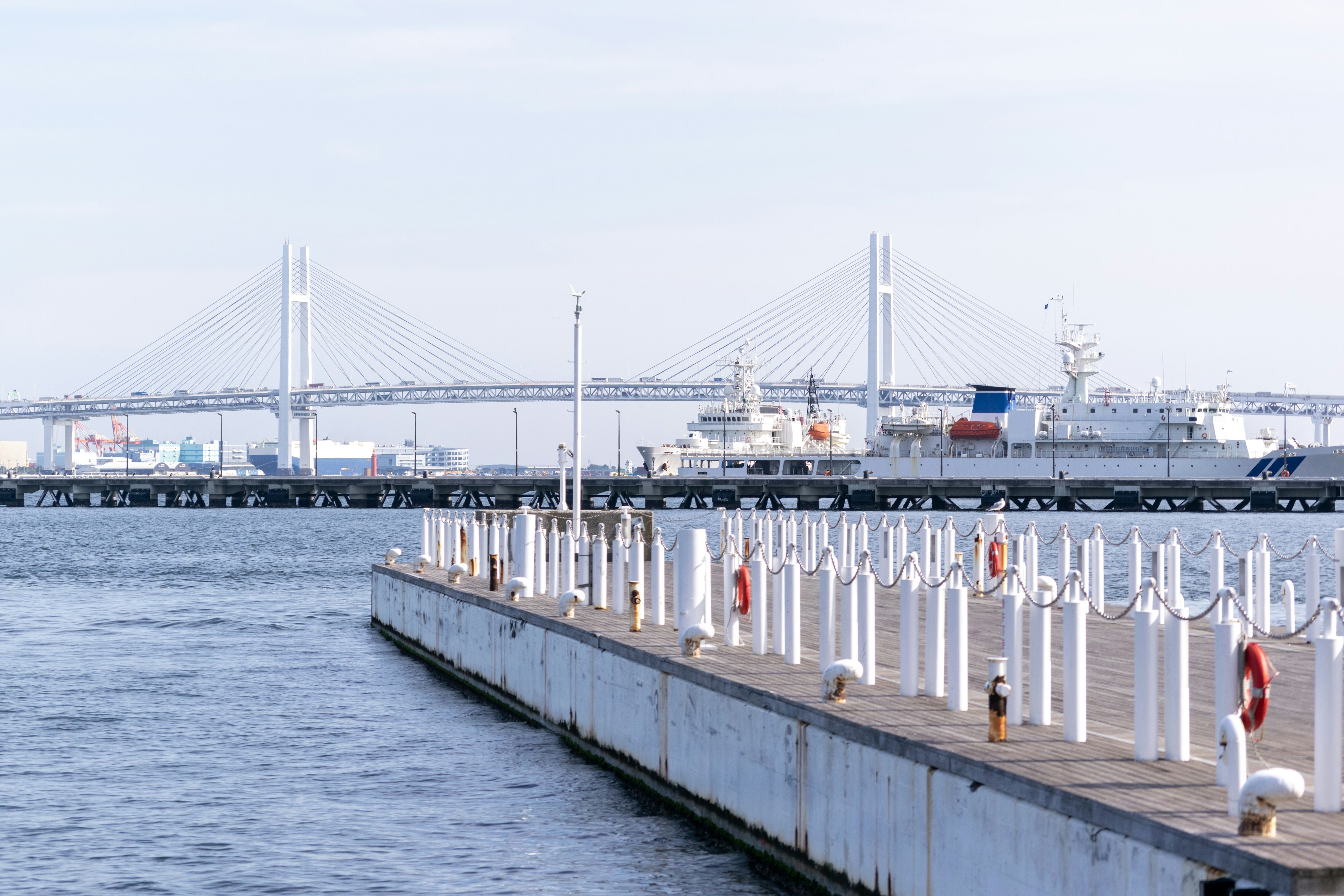 Pier view with boats and a bridge in the background