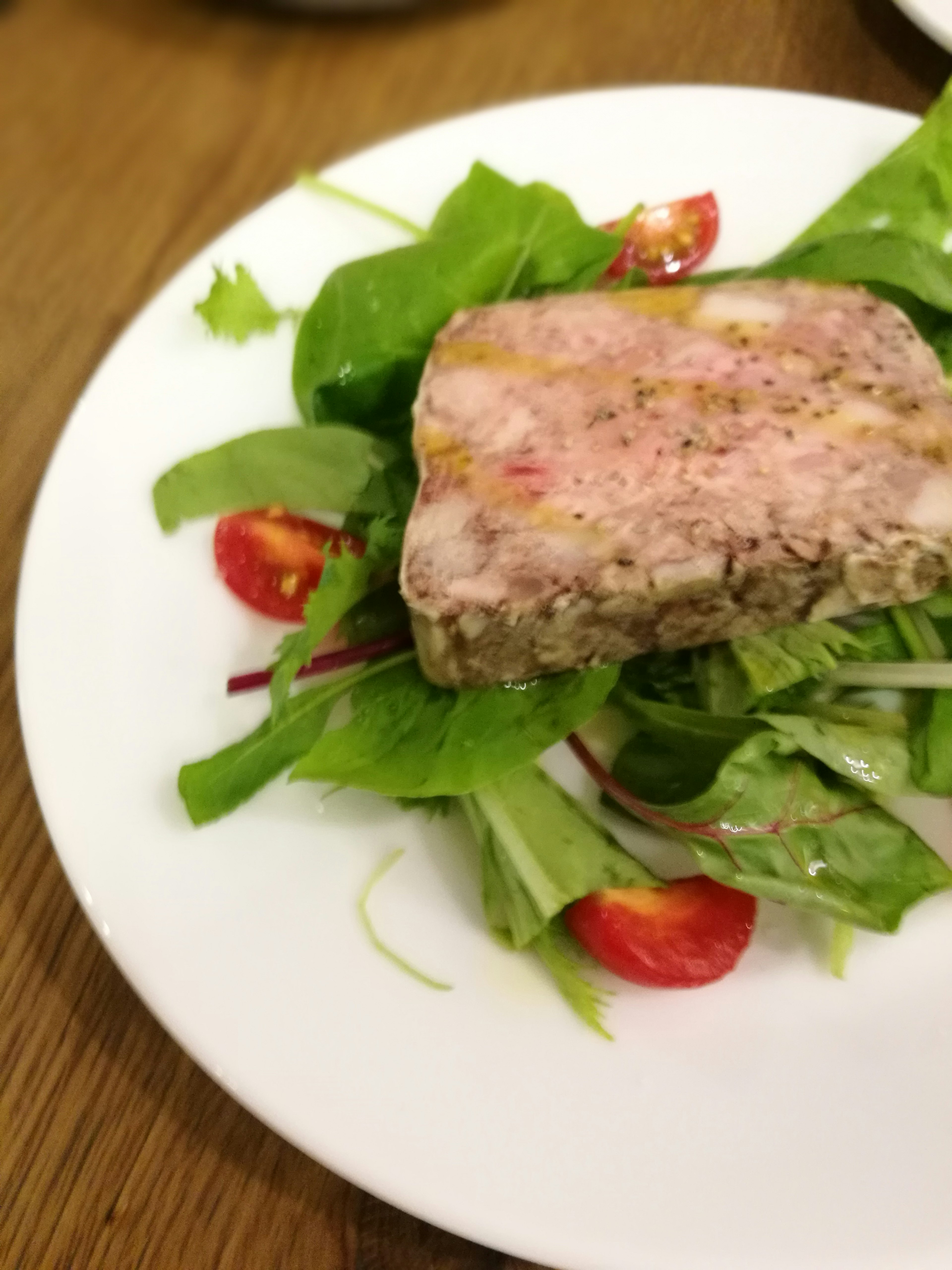 Plate of meat terrine served on a bed of salad