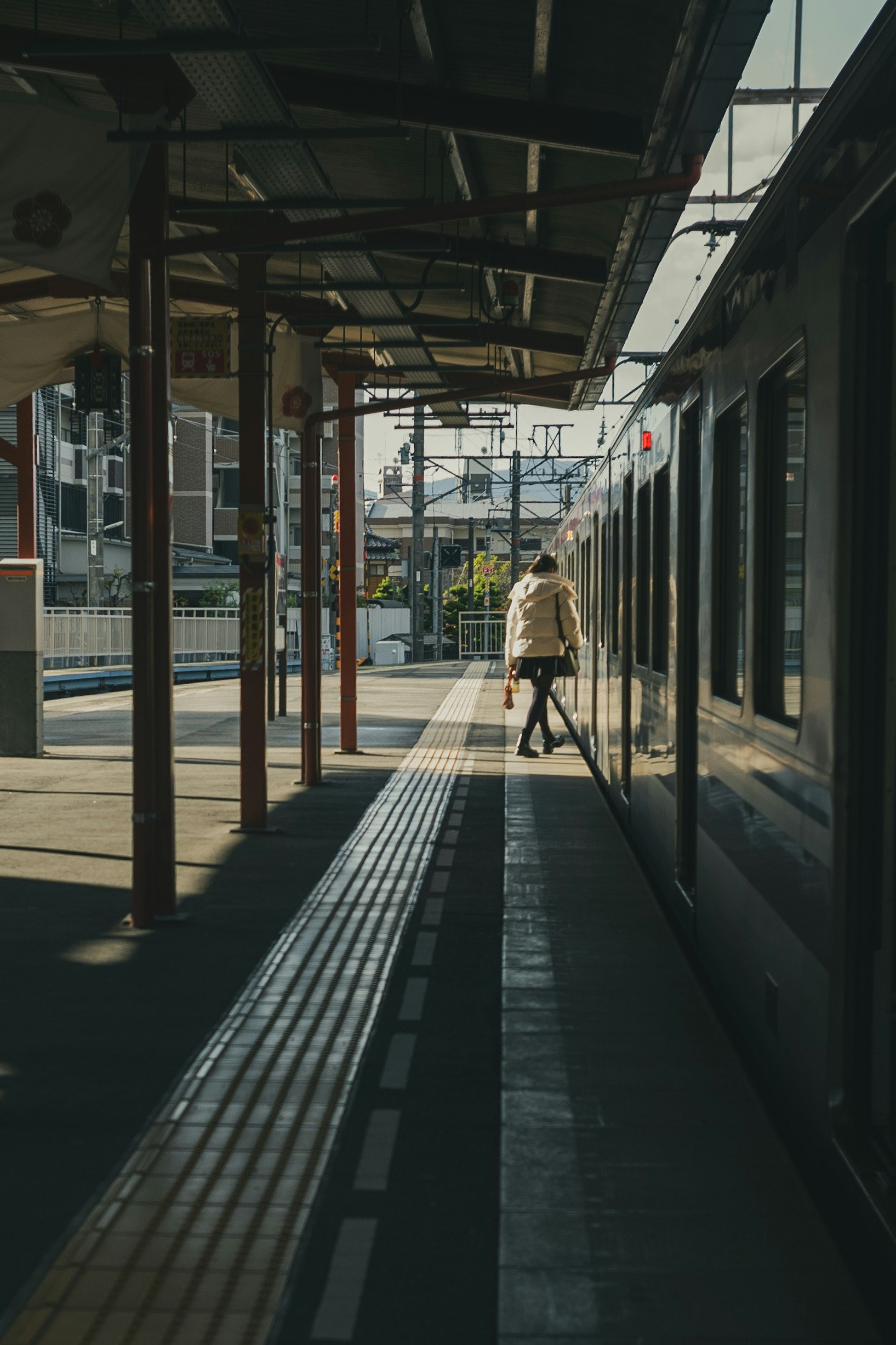Person walking on train platform beside a train