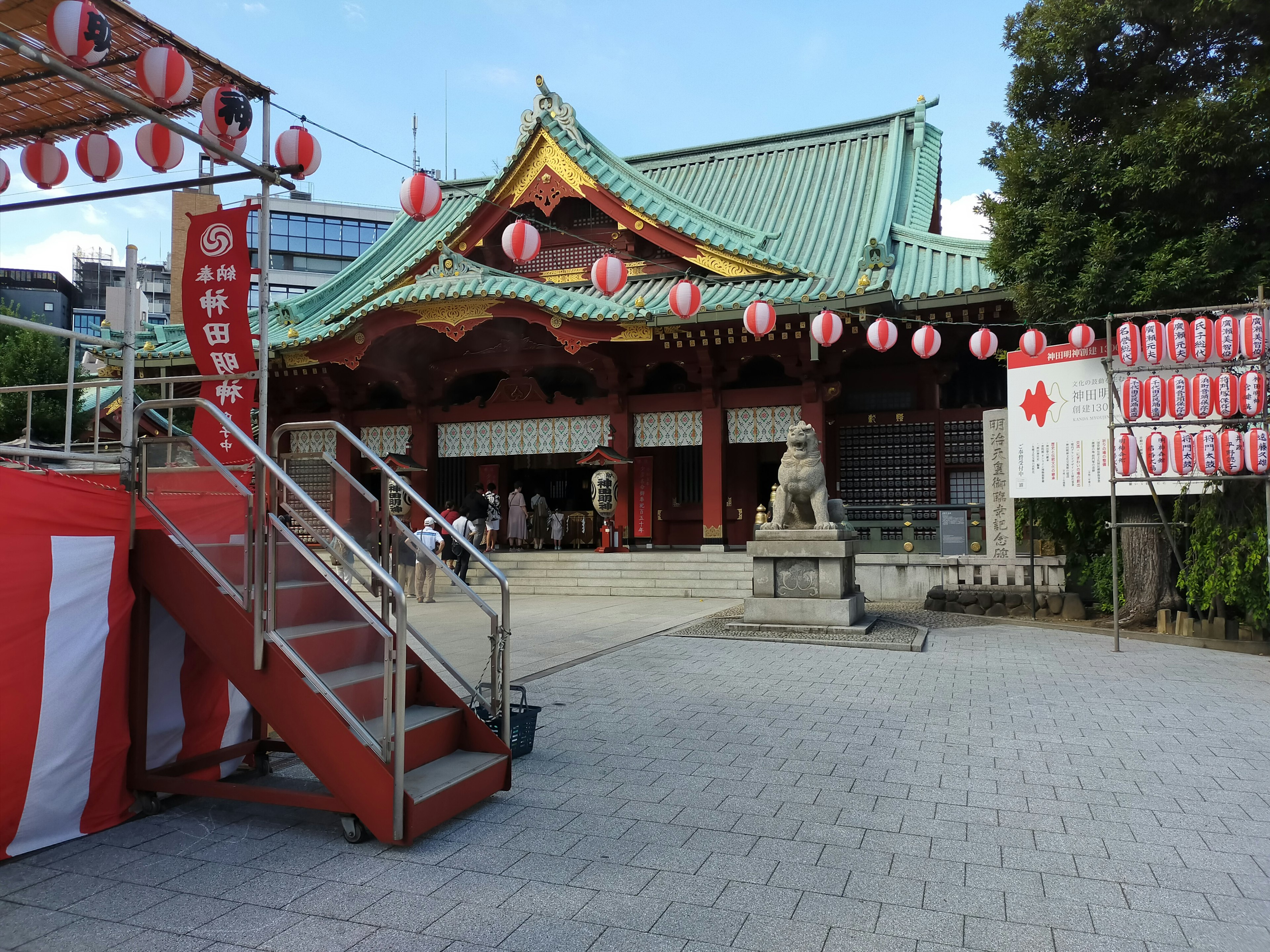 Exterior of a shrine with red lanterns and stairs