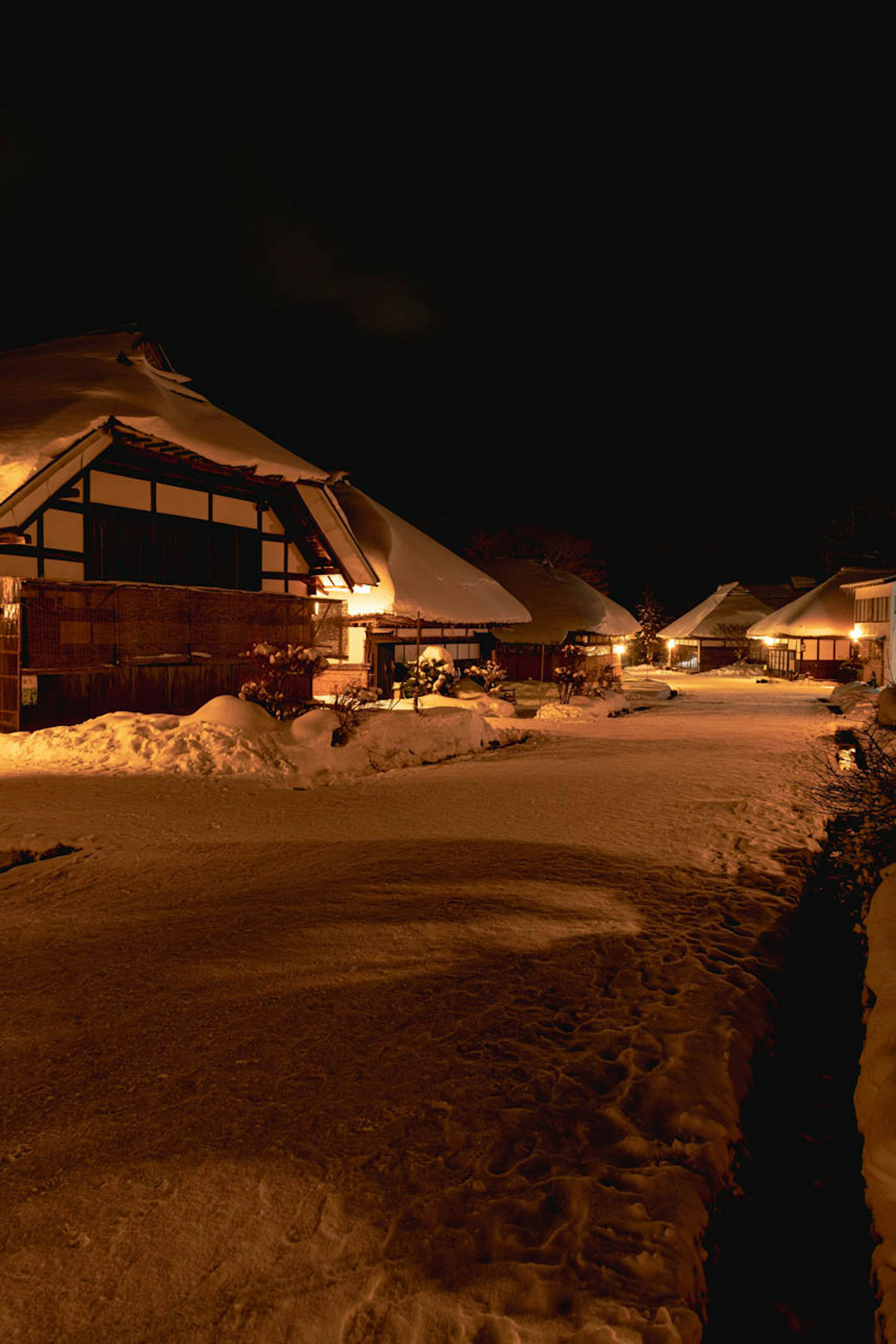 Snow-covered village scene with traditional houses illuminated at night