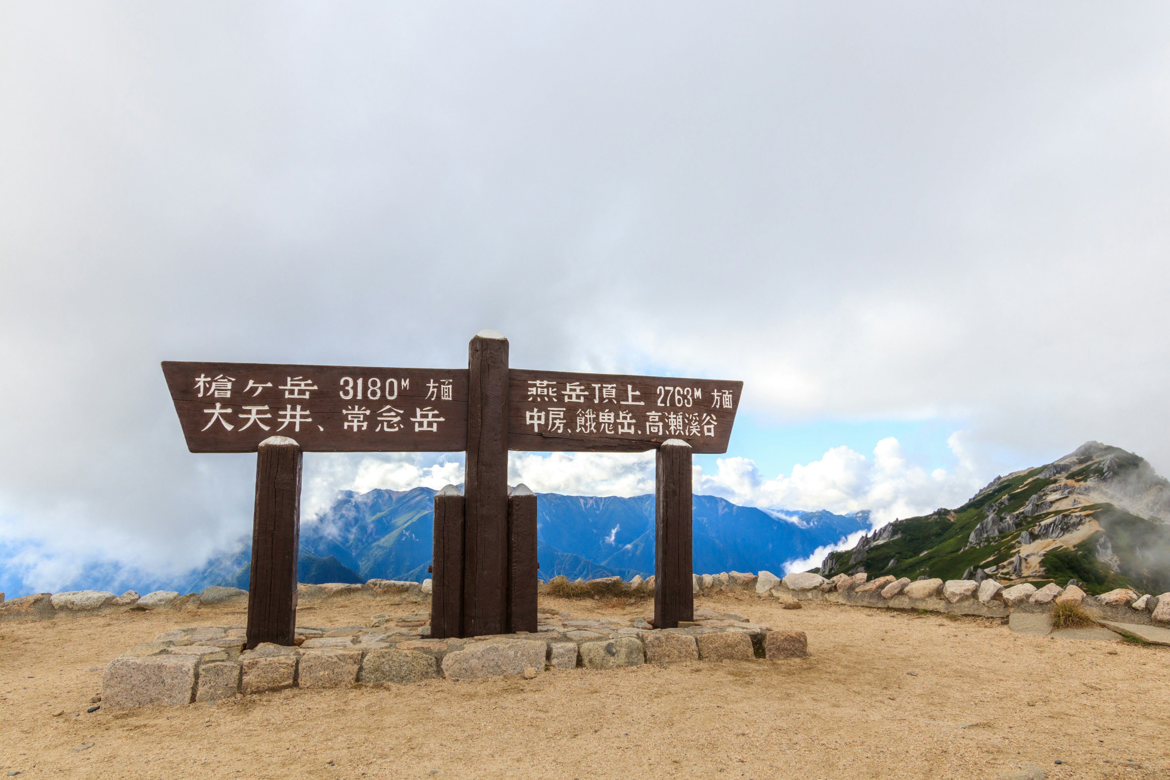 山の頂上に立つ標識 大天坑と3100メートルの標高を示す