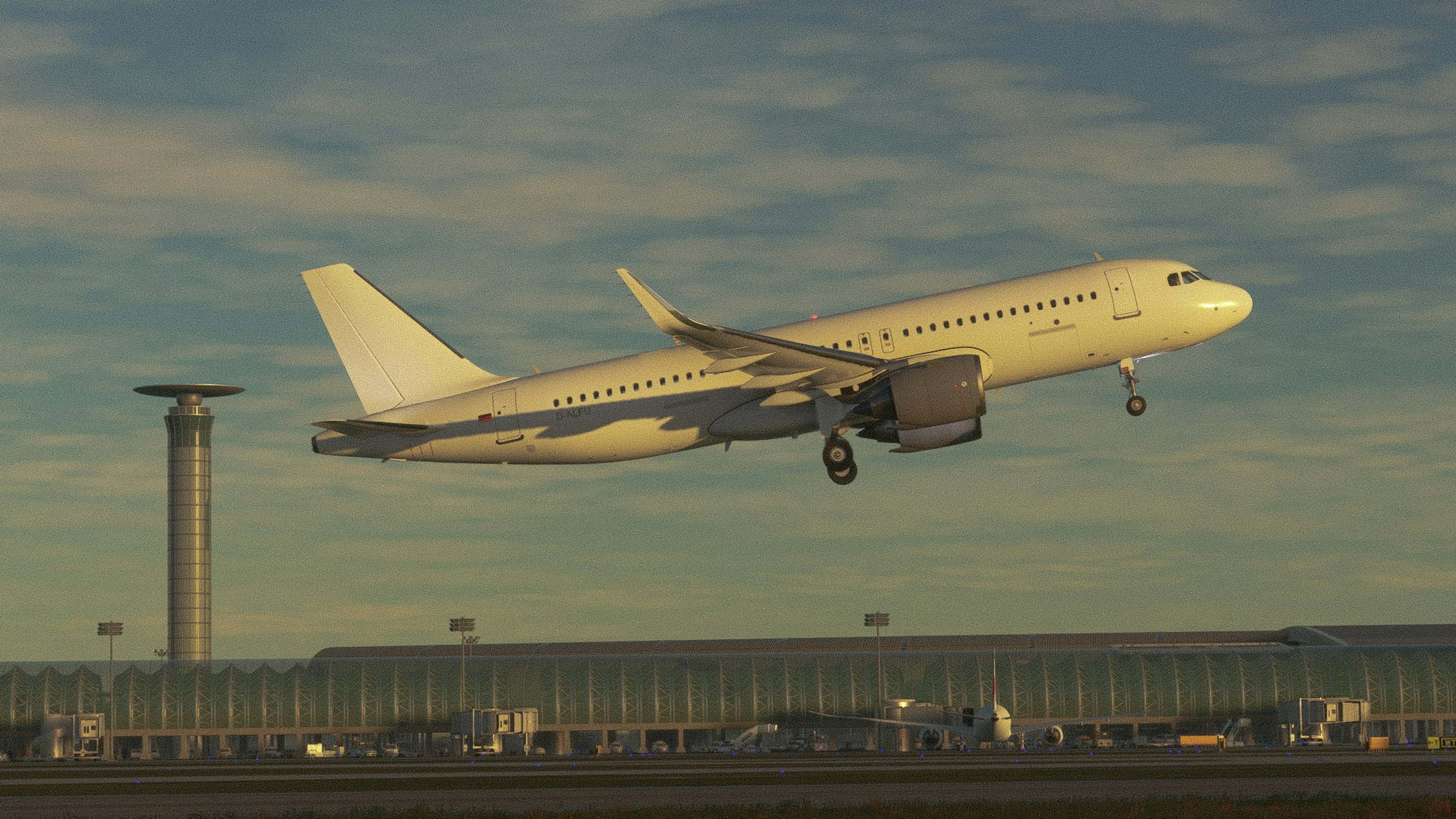 Ein Flugzeug startet in den Himmel mit einem Flughafen im Hintergrund