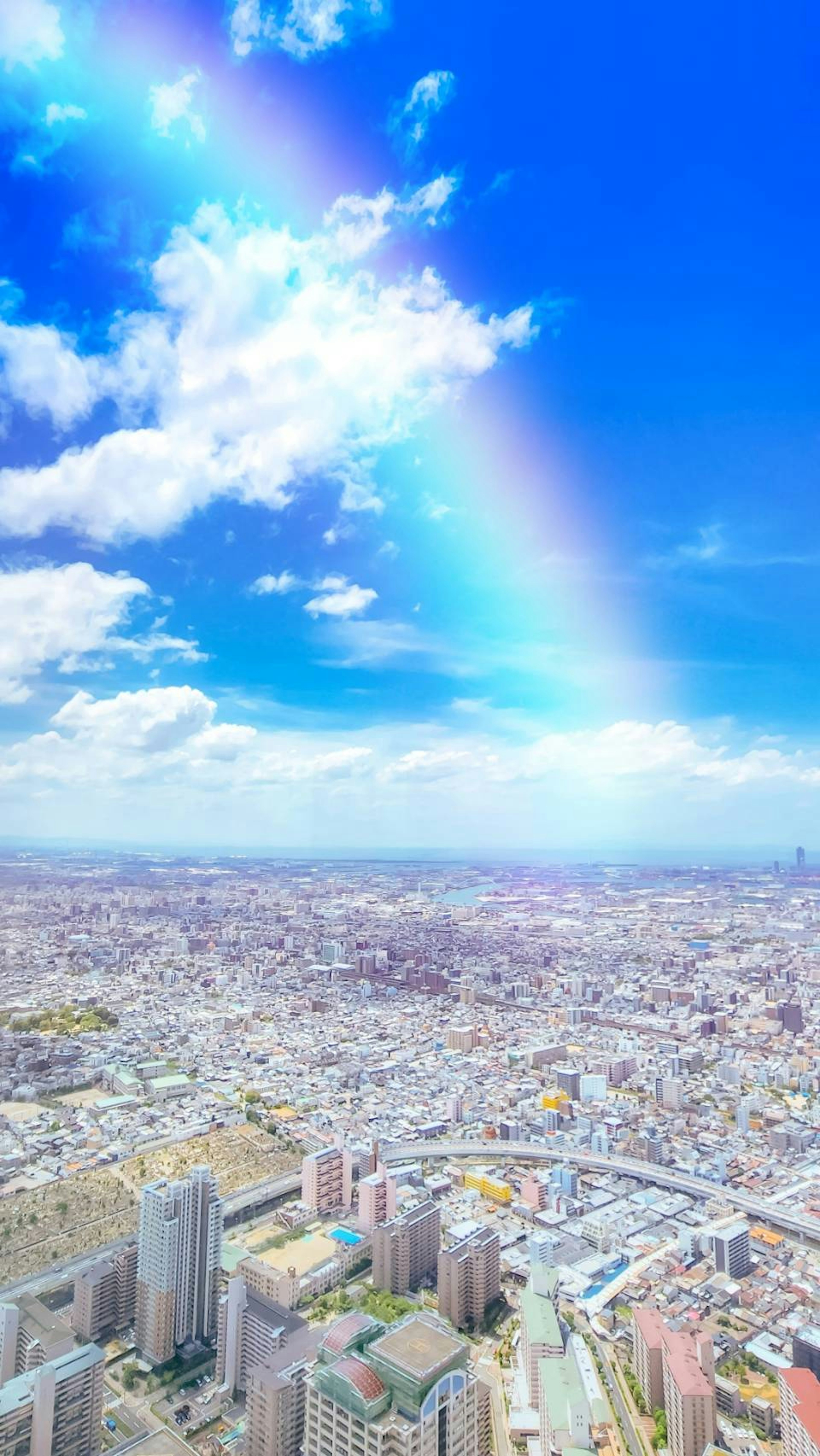 青空の下に広がる都市の景色と虹