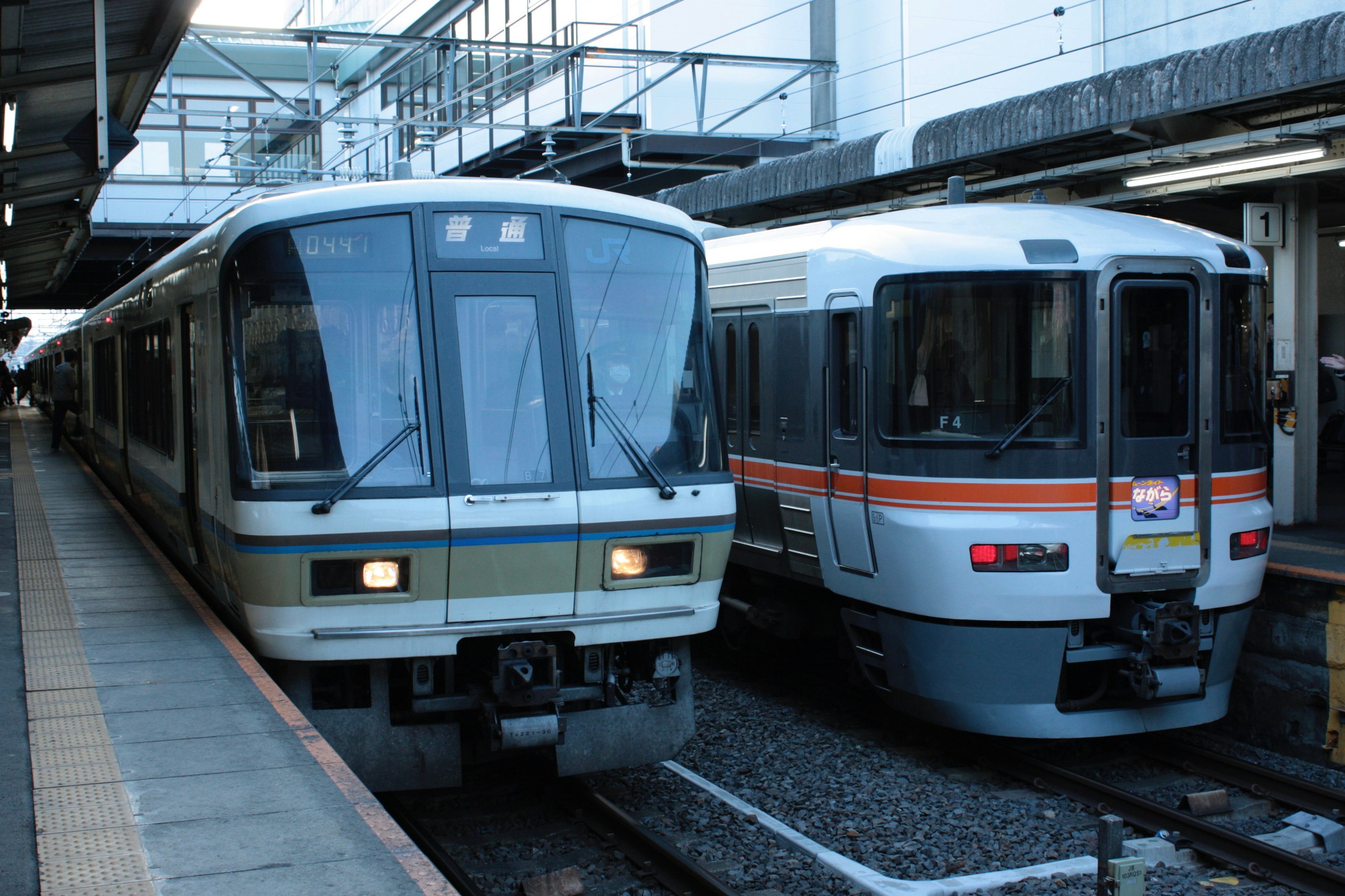 Two trains are stopped at a station platform