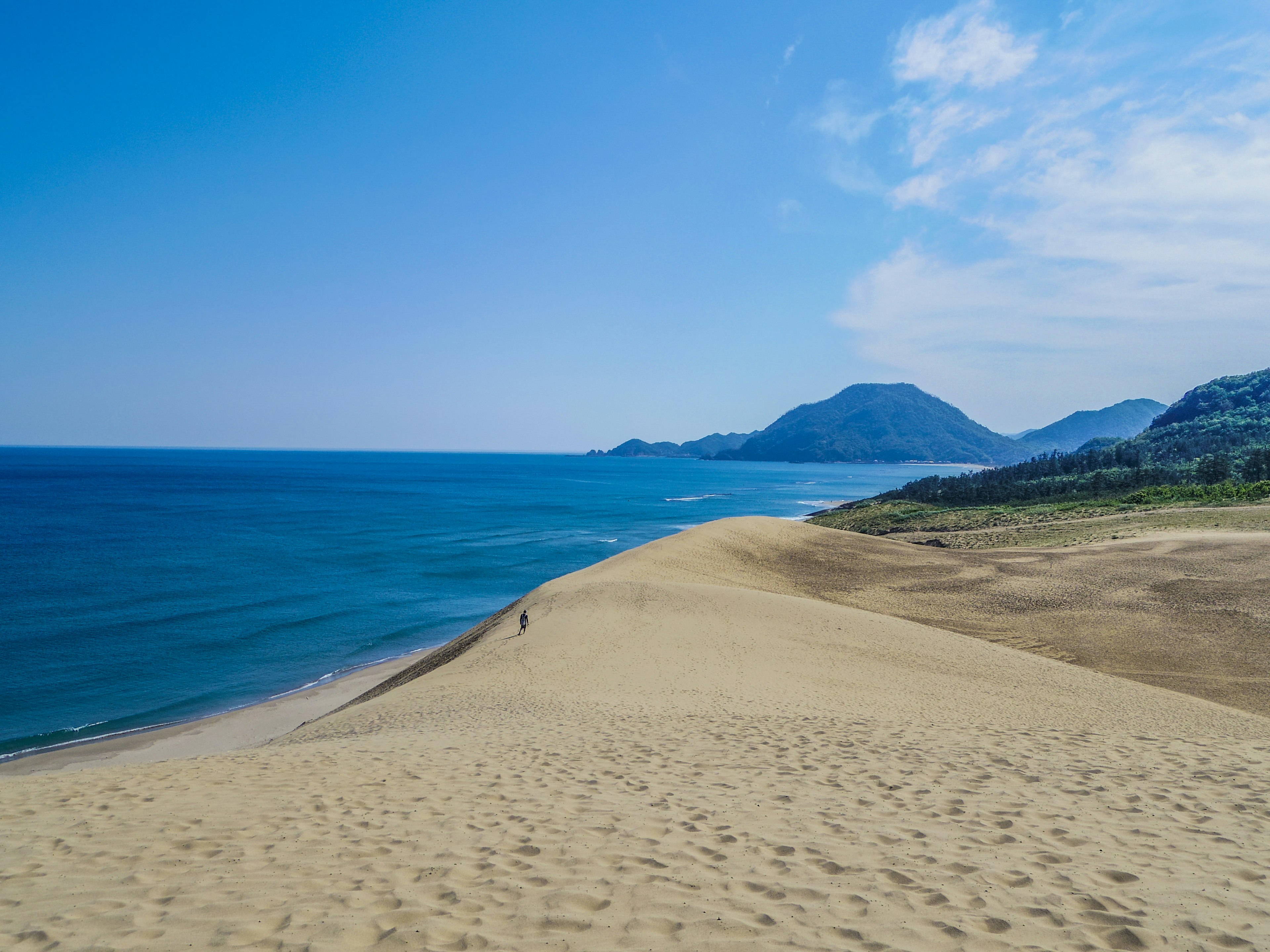 Vista escénica de dunas de arena que se encuentran con el océano azul