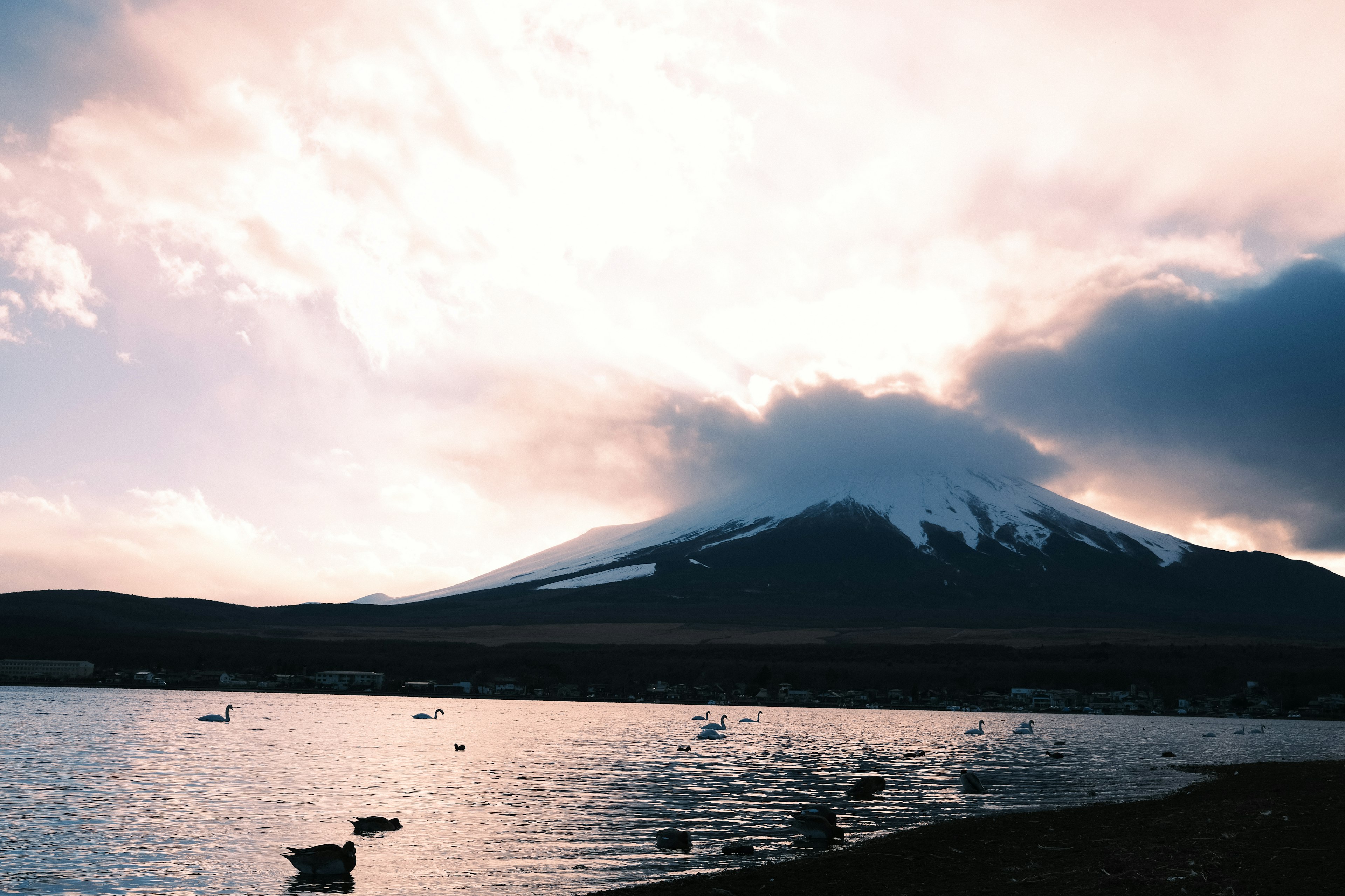 Panoramablick auf den Fuji mit Reflexionen im Wasser