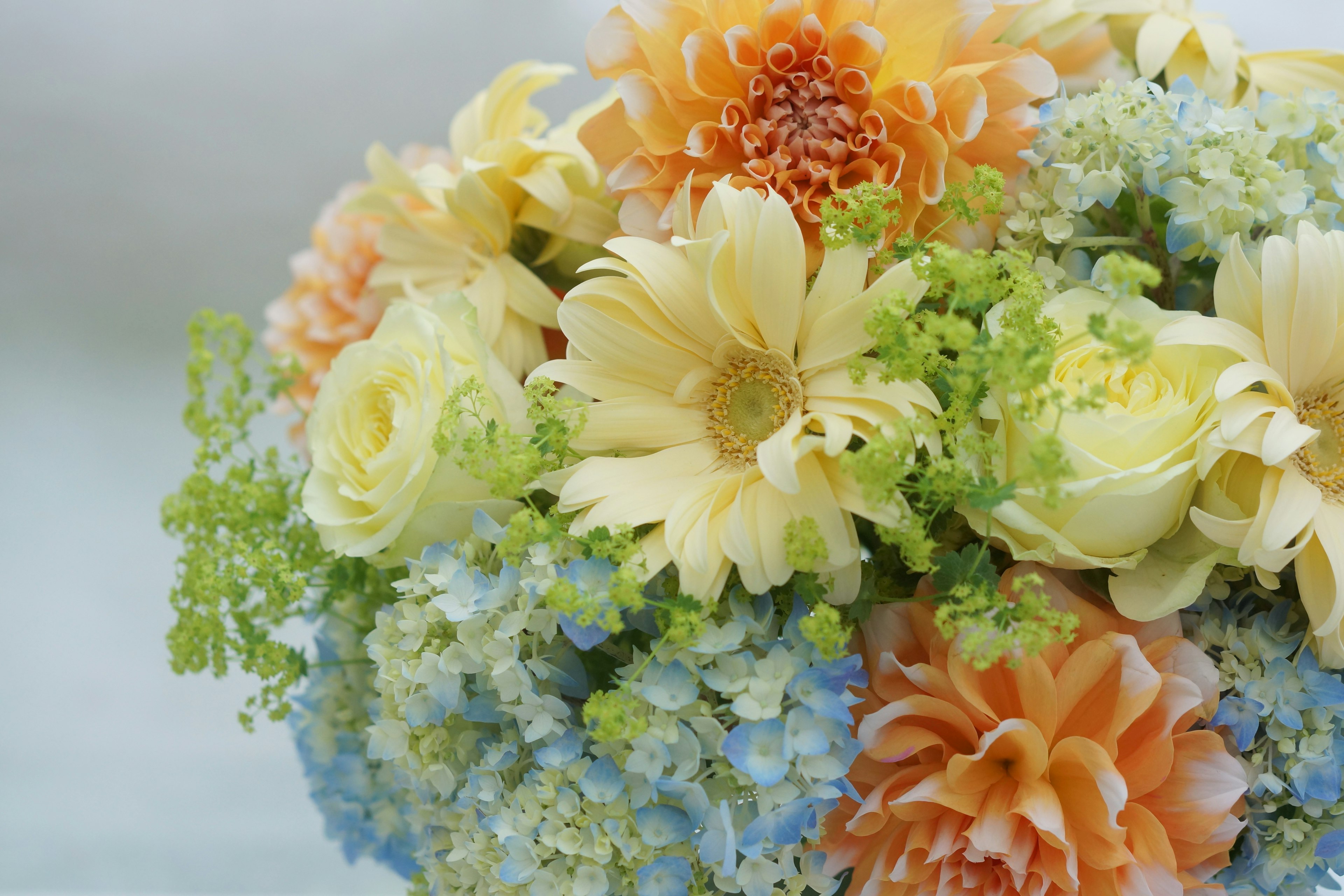 Un beau bouquet avec des marguerites jaunes des dahlias orange des hortensias bleus et un feuillage vert