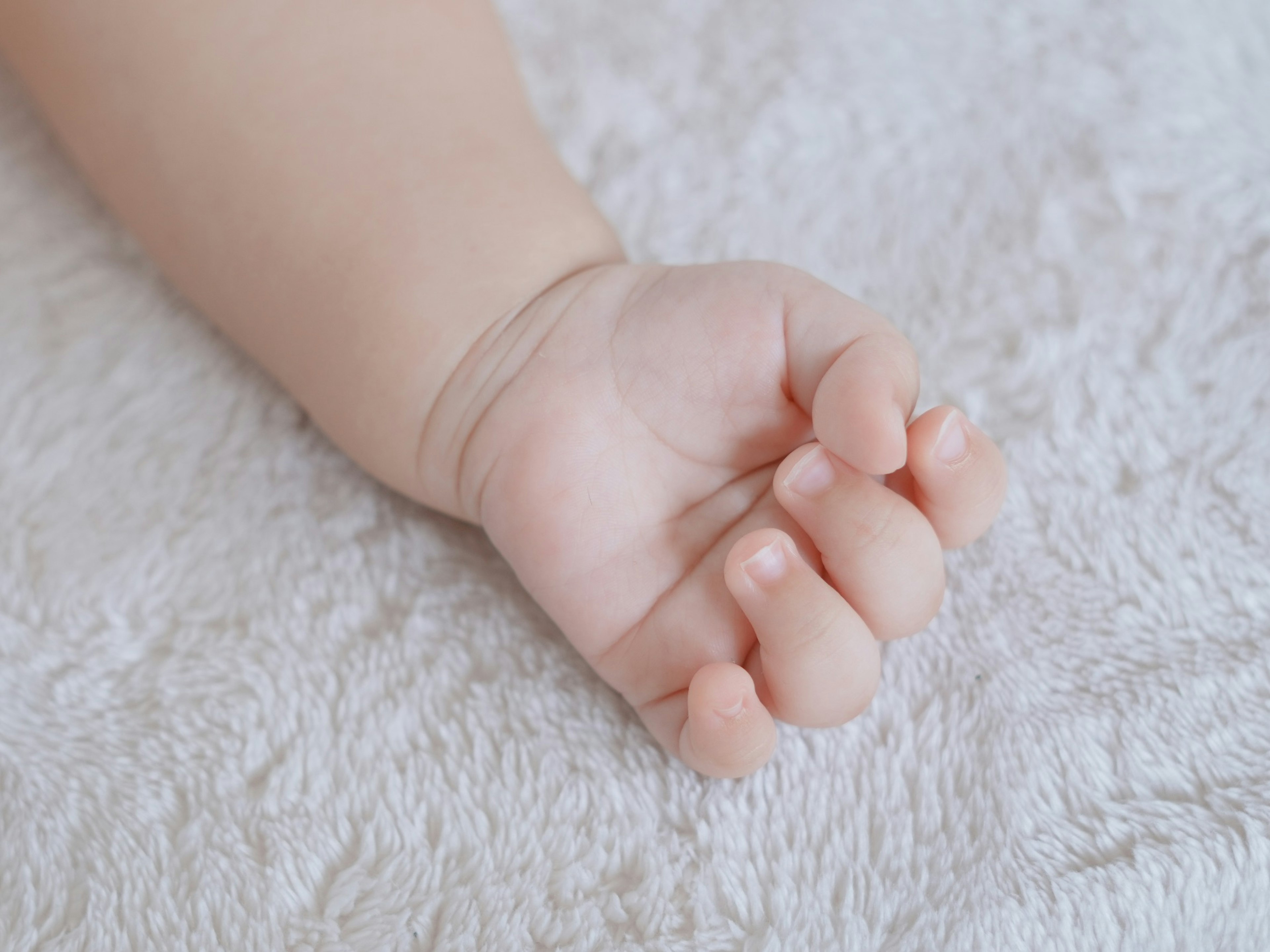 A baby's hand resting on a fluffy towel