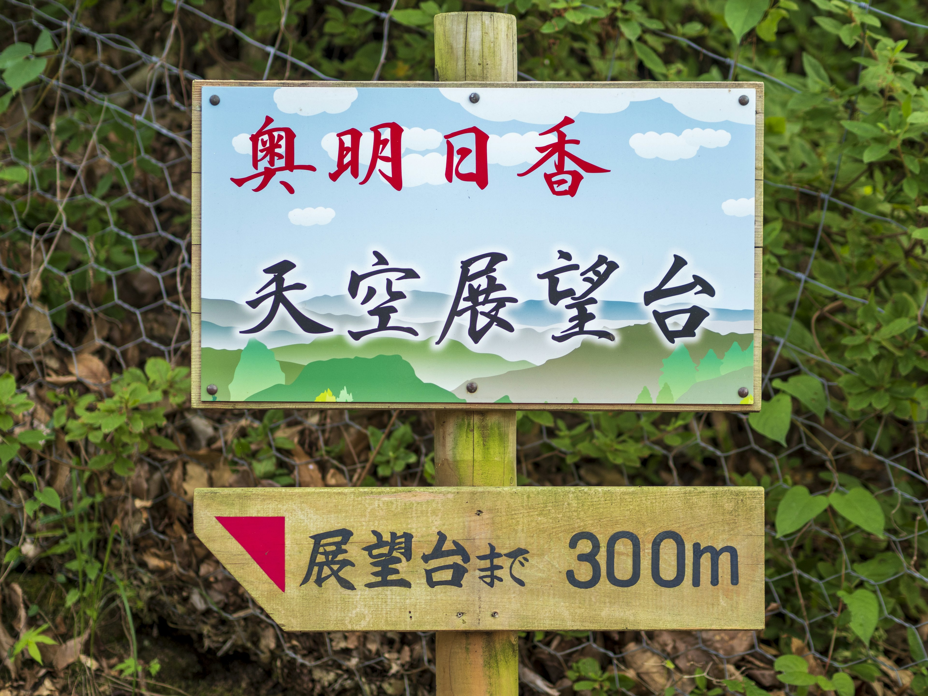 Schild mit blauem Himmel und grünen Bergen mit Text, der auf einen Aussichtspunkt in 300m hinweist