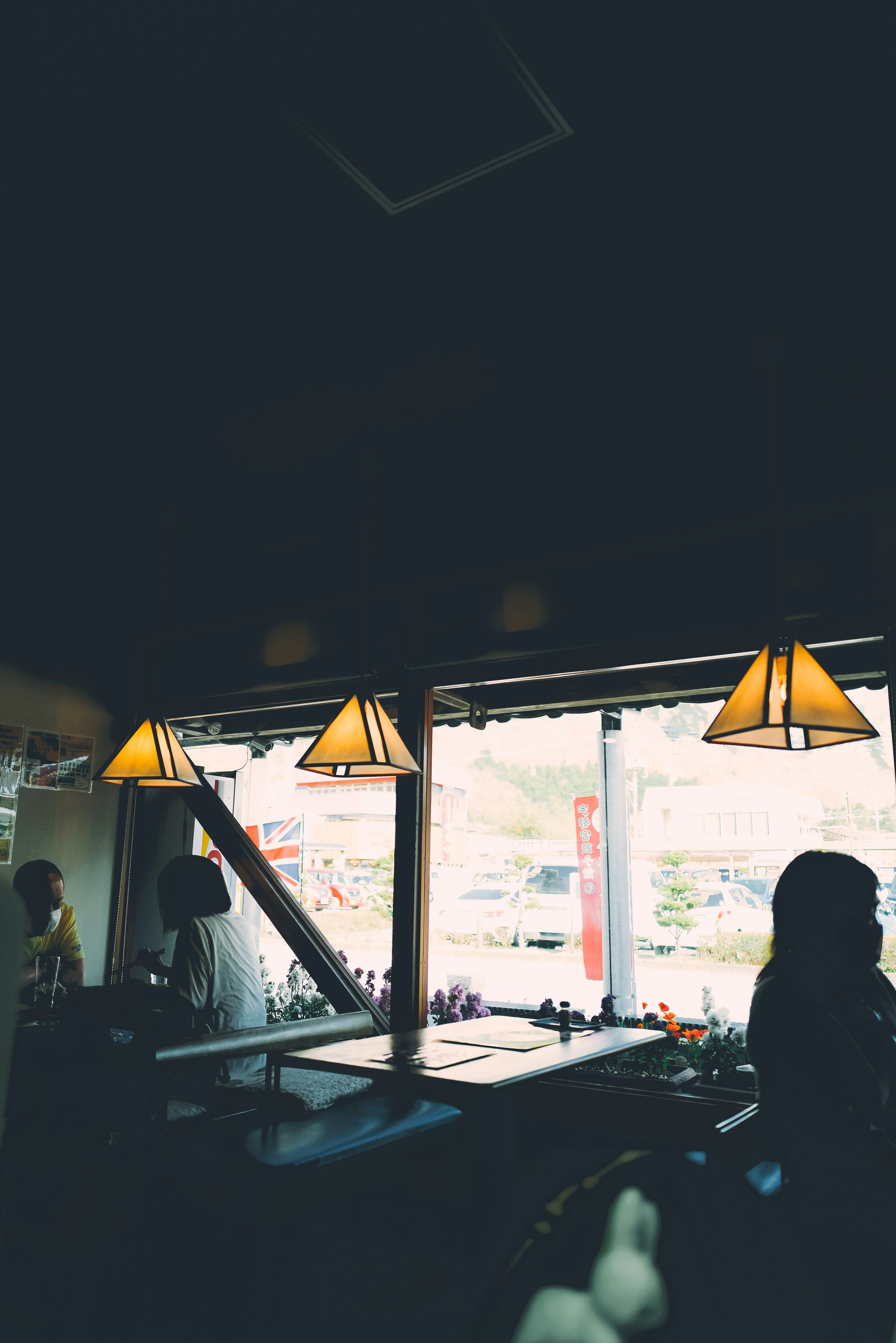 Dimly lit interior with table and lamps view of the outside