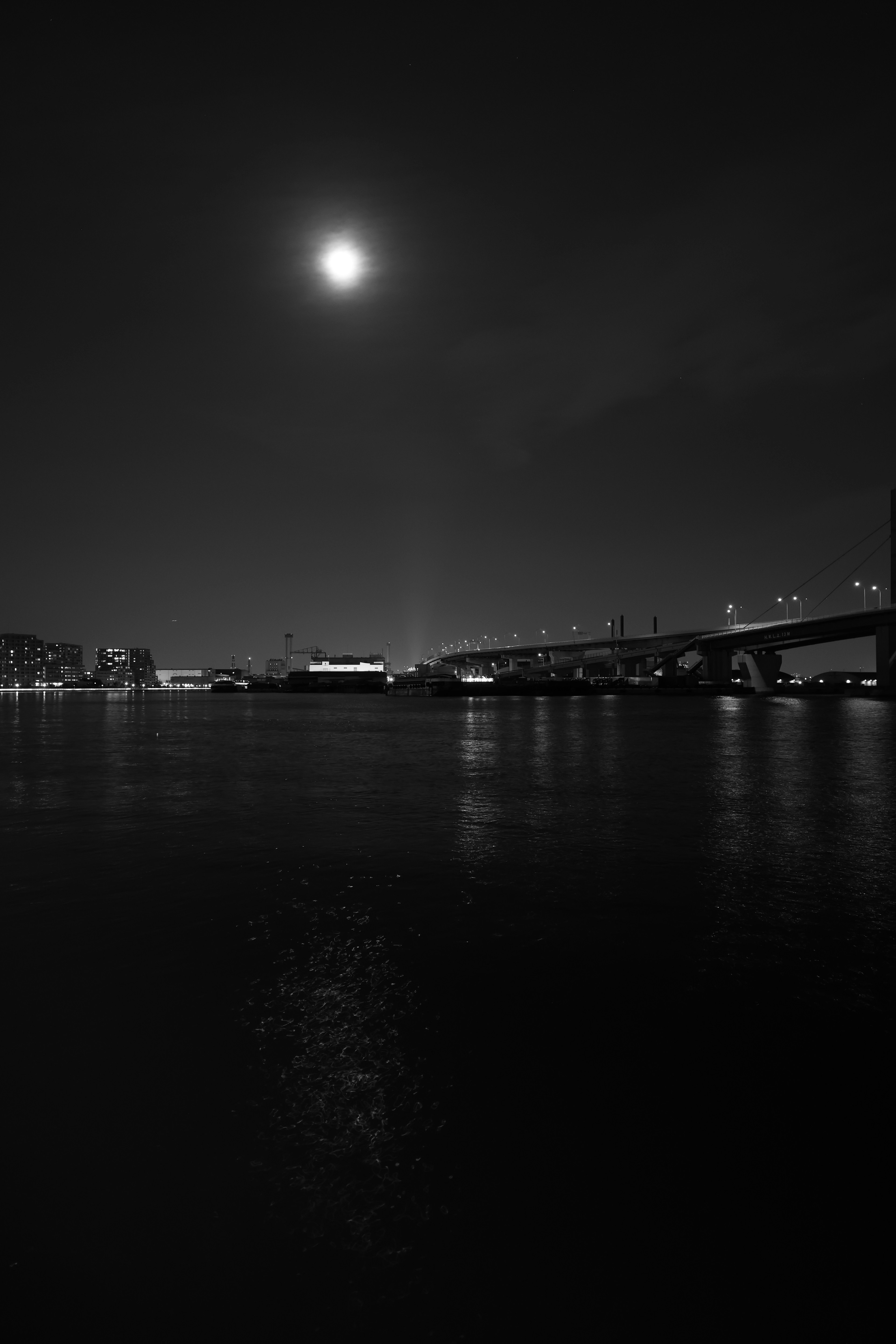 Moonlight reflecting on the river with a bridge silhouette