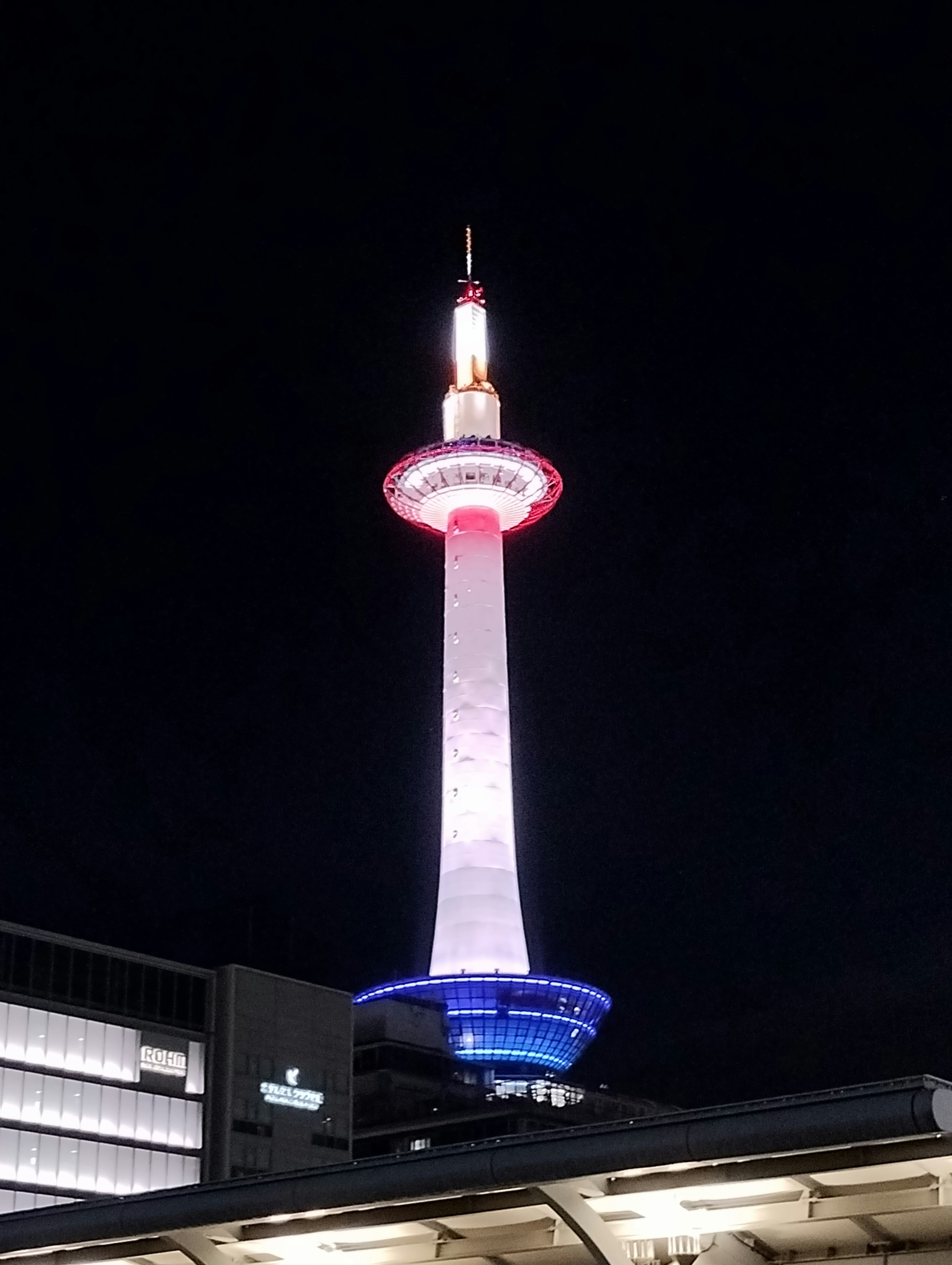 Beautiful view of Kyoto Tower illuminated at night