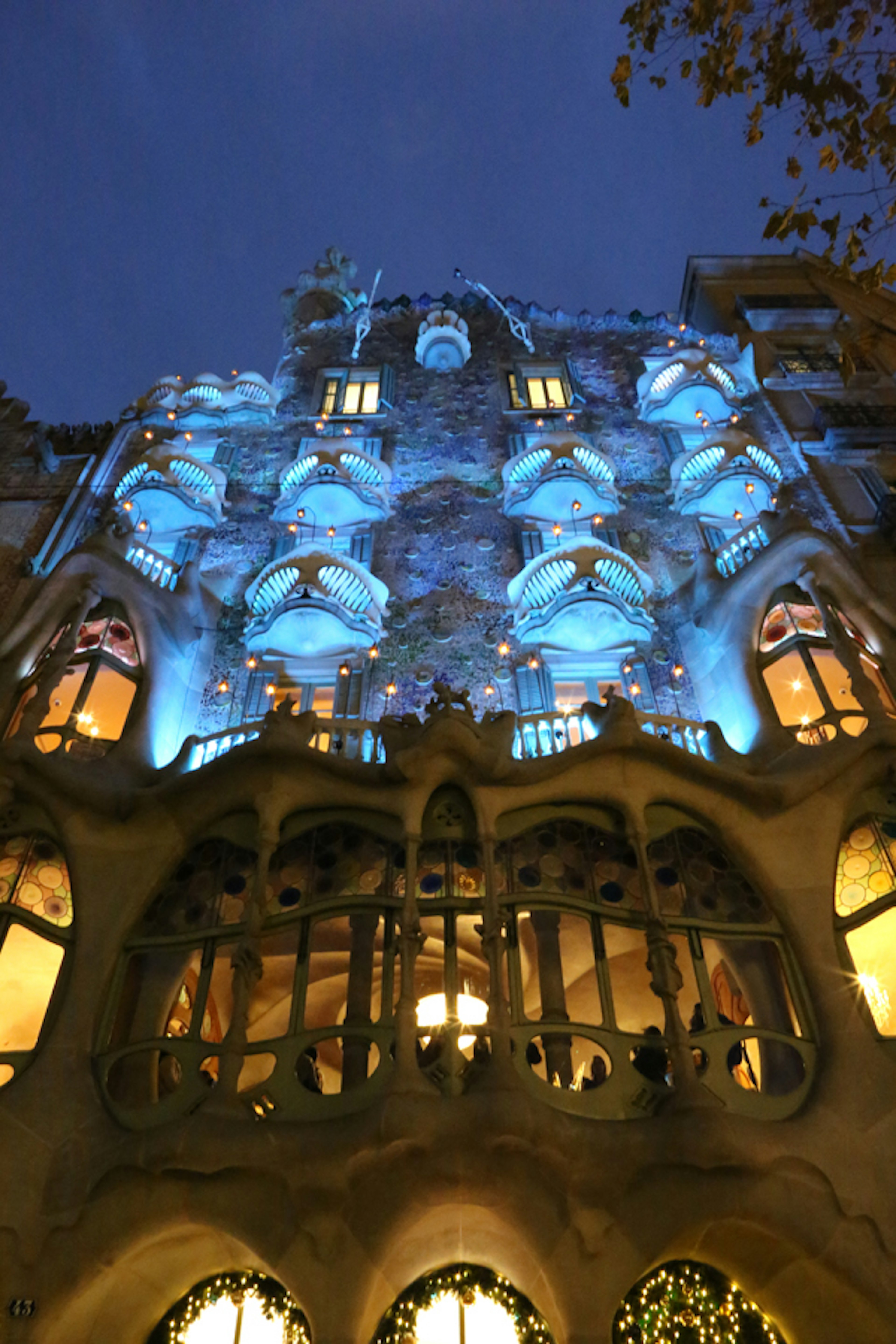 ทิวทัศน์ยามค่ำคืนของ Casa Batlló ที่มีแสงไฟสีฟ้า