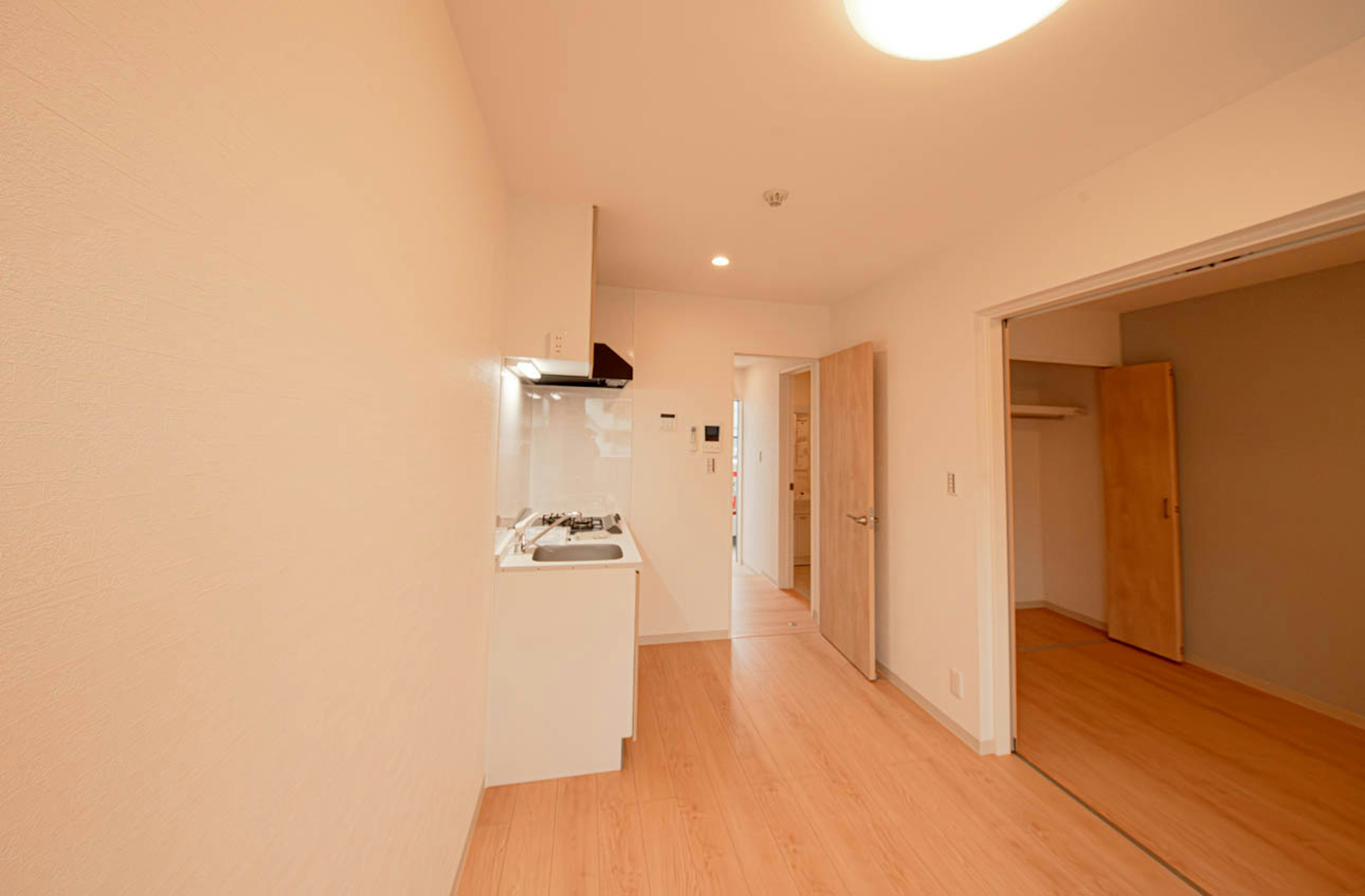 Simple interior of an apartment featuring a kitchen and living space