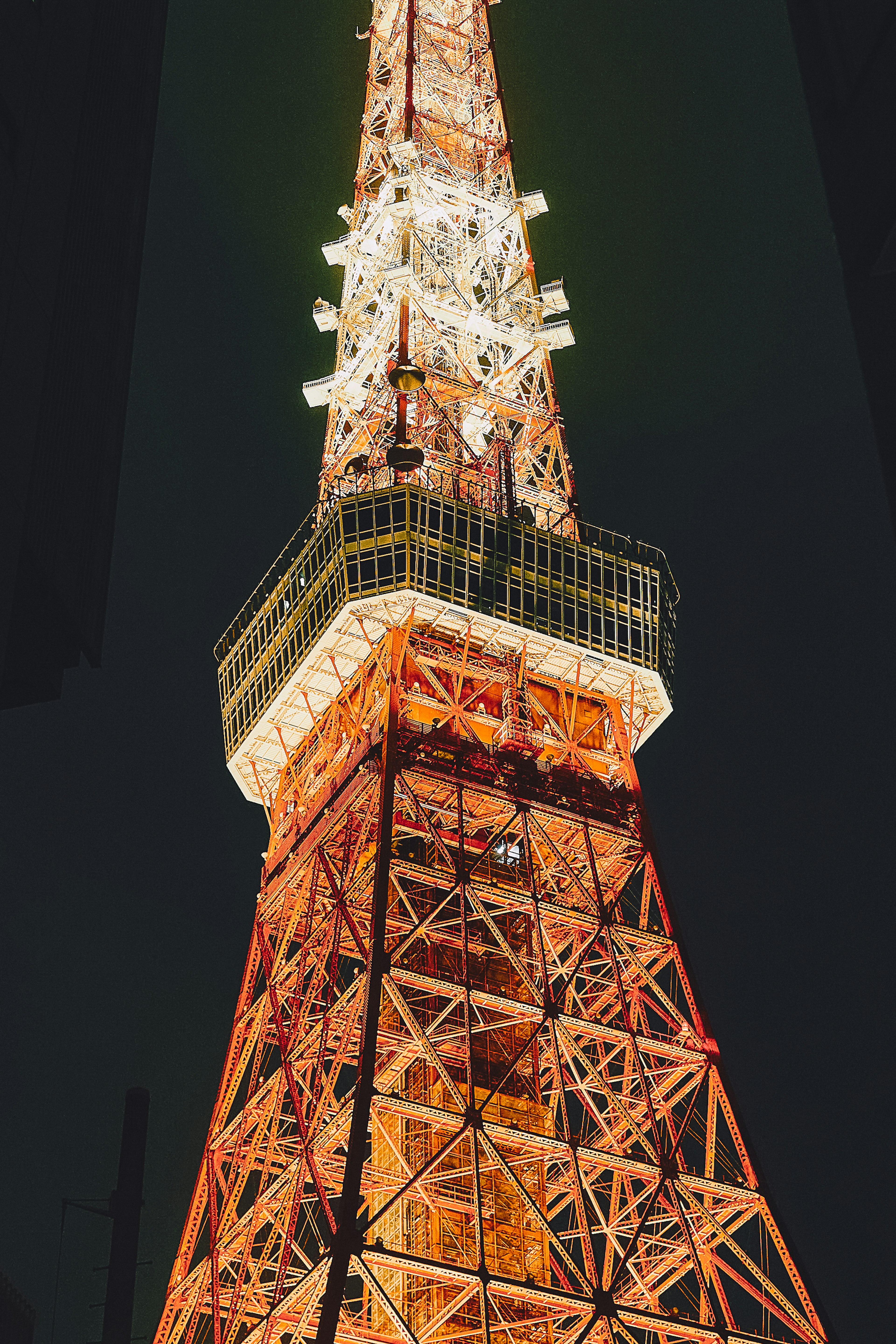 Tokyo Tower illuminated at night with orange lights