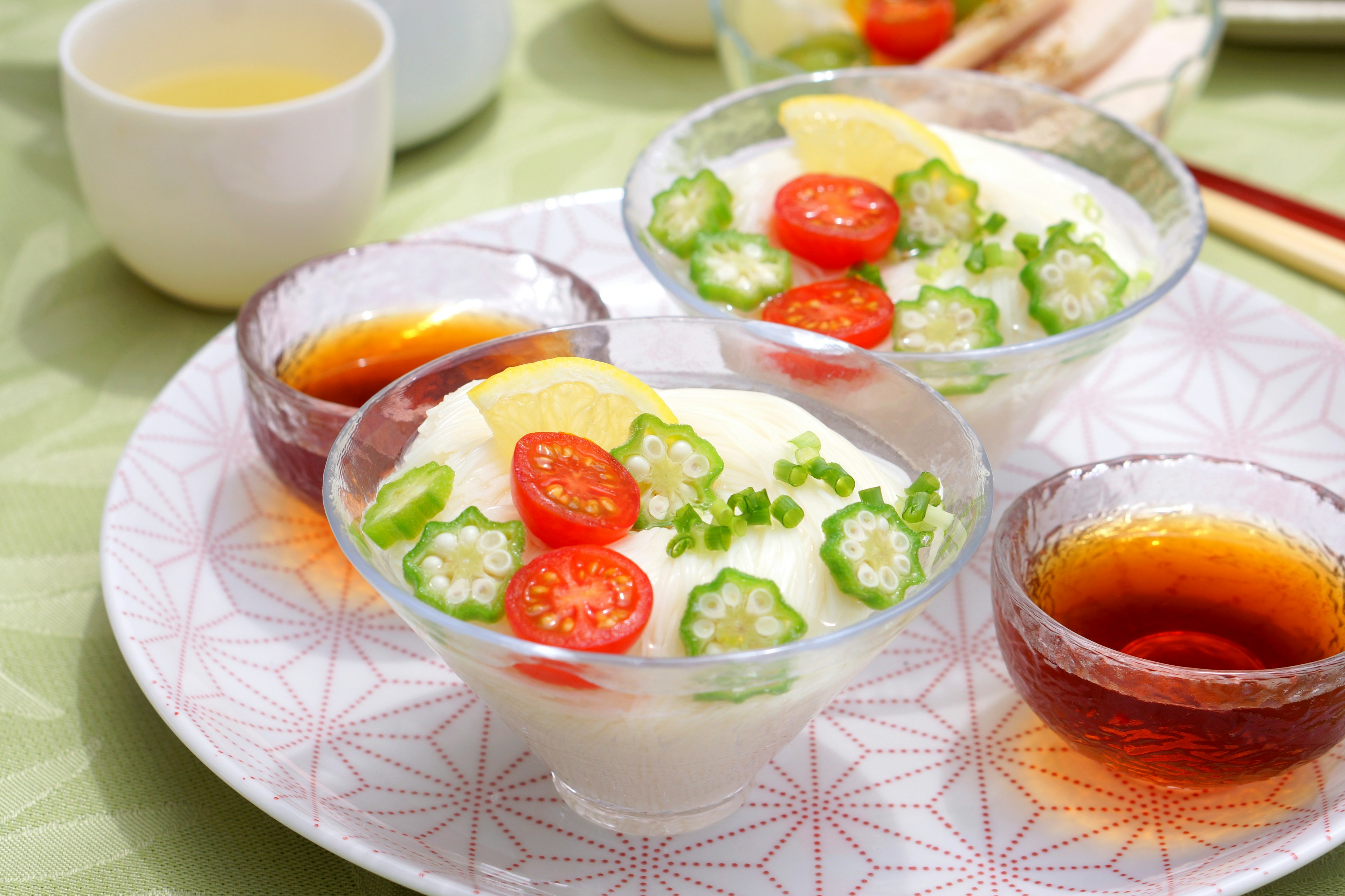 Beautifully presented dessert topped with tomatoes and okra