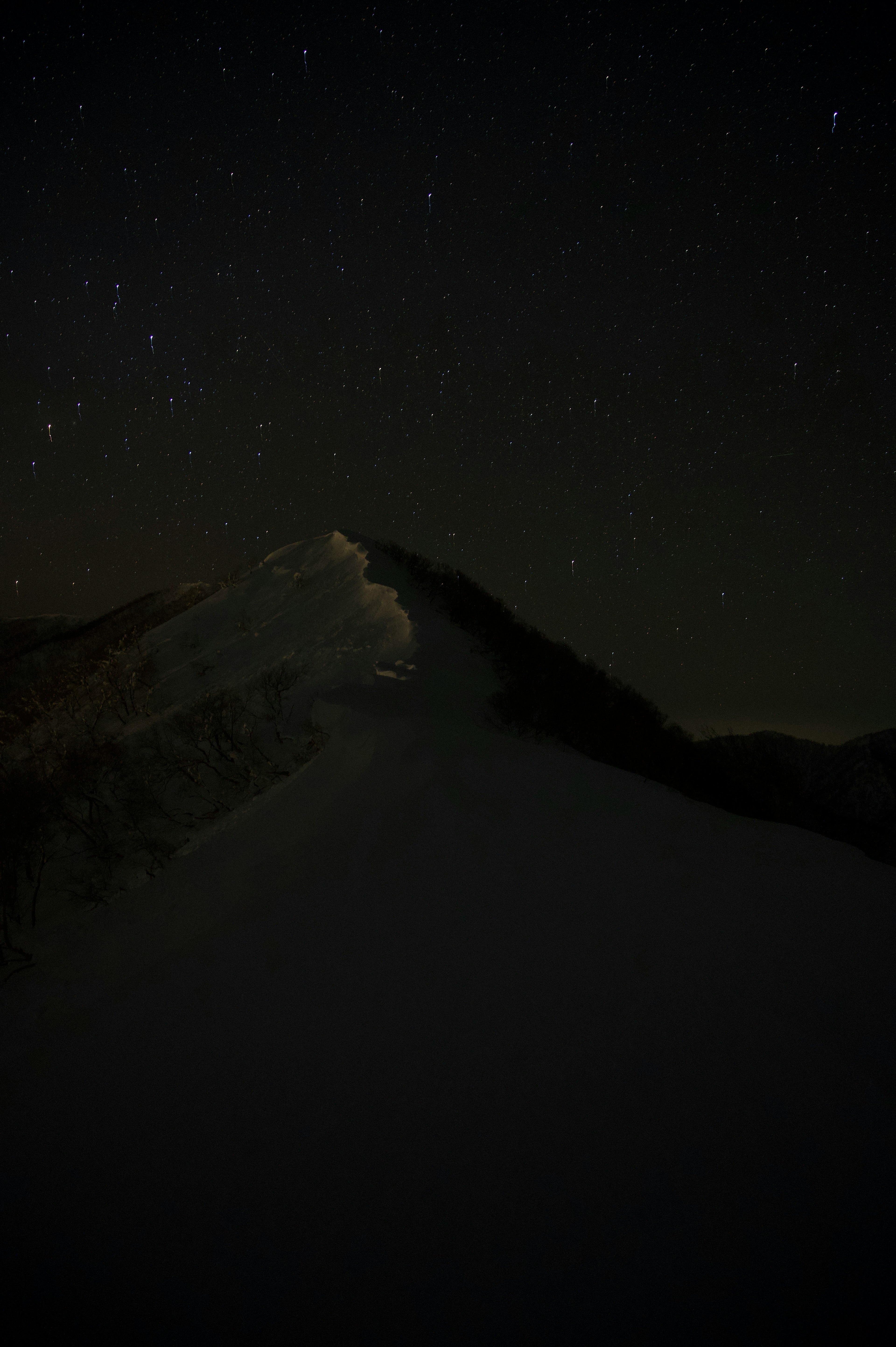 夜空に輝く星々と雪に覆われた山のシルエット