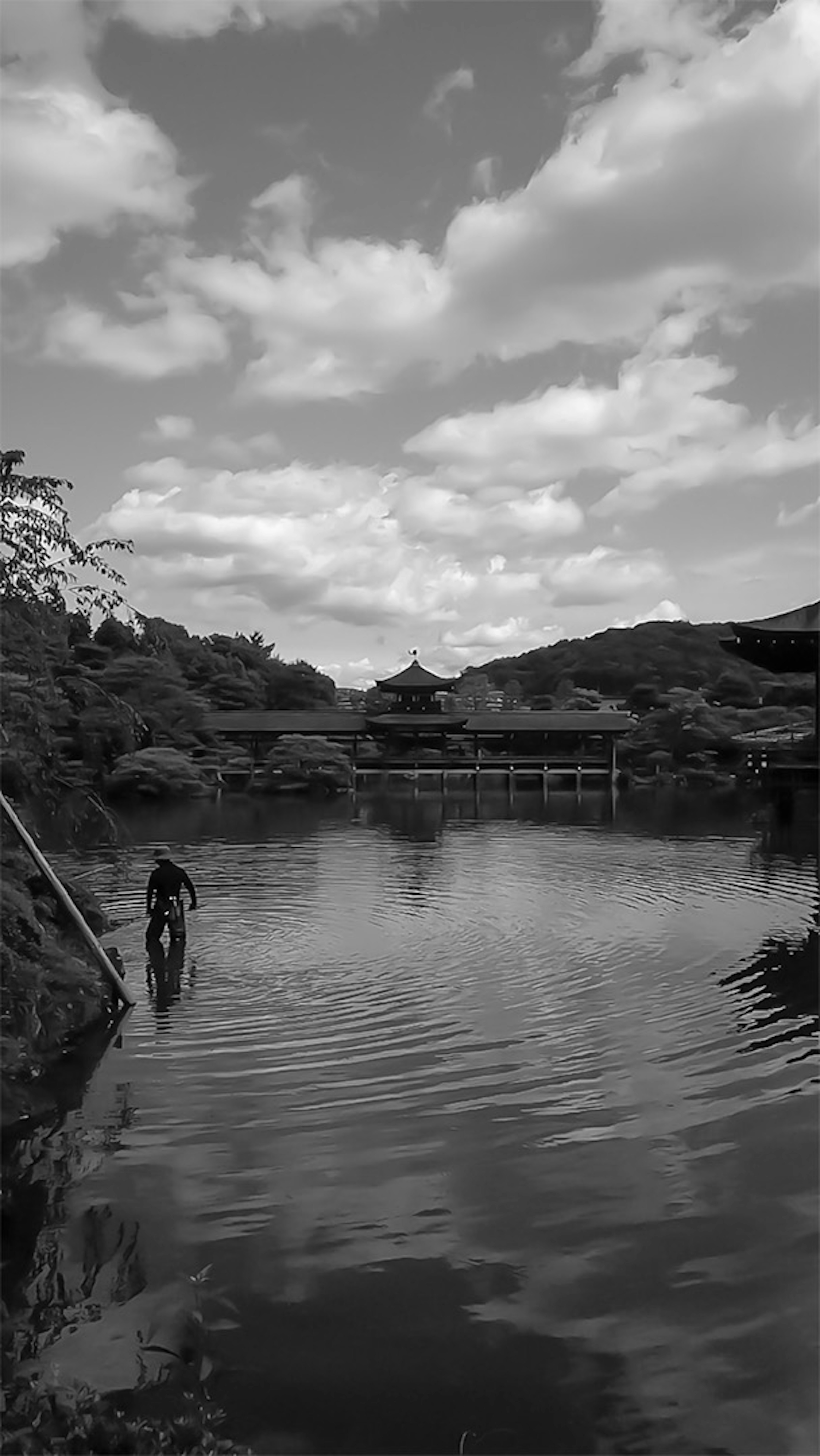 宁静的风景，平静的水面和多云的天空，远处有一座桥