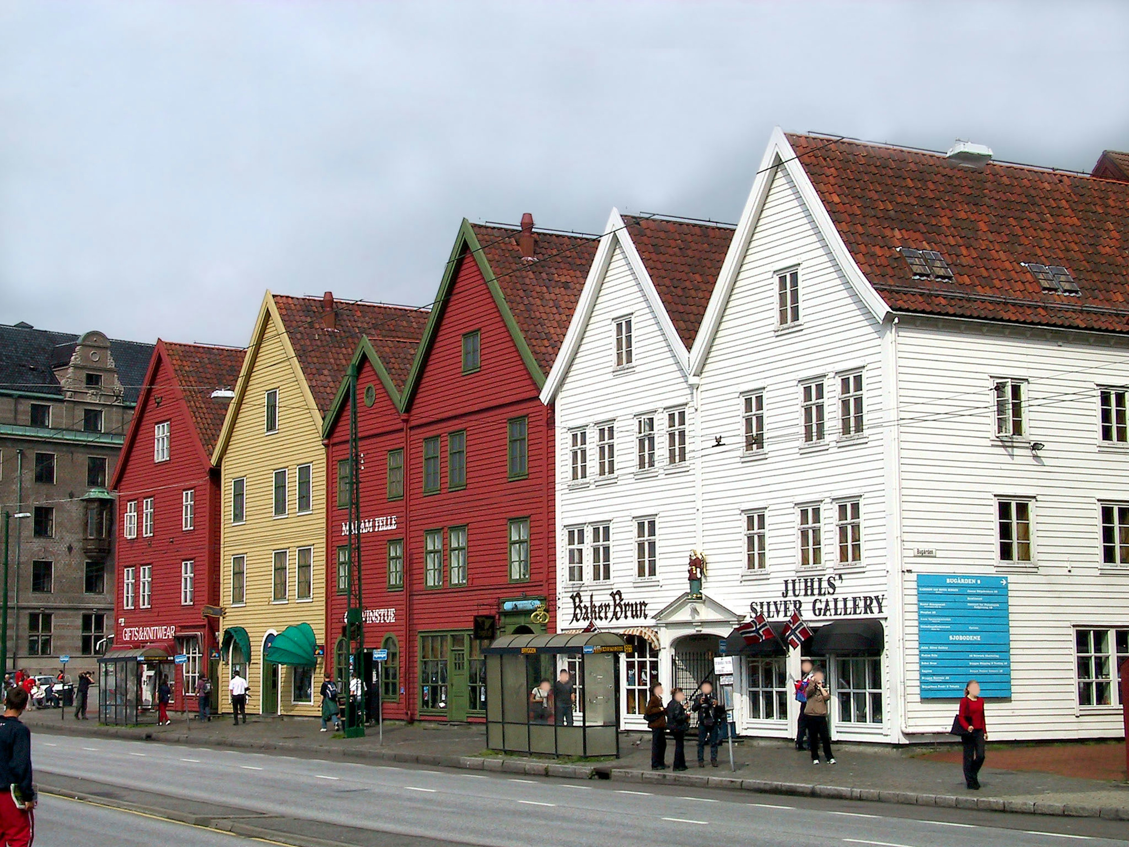 Colorful houses lining the street in the Bryggen area