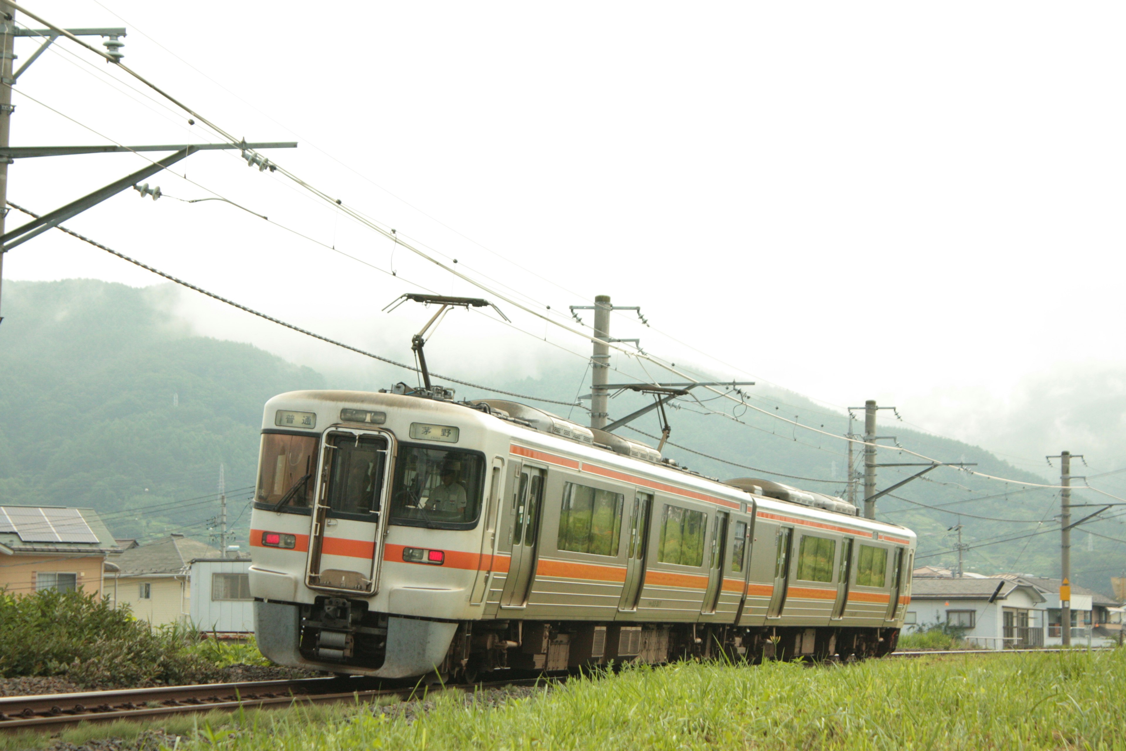 รถไฟสีส้มและขาวจอดอยู่บนทุ่งหญ้าสีเขียว