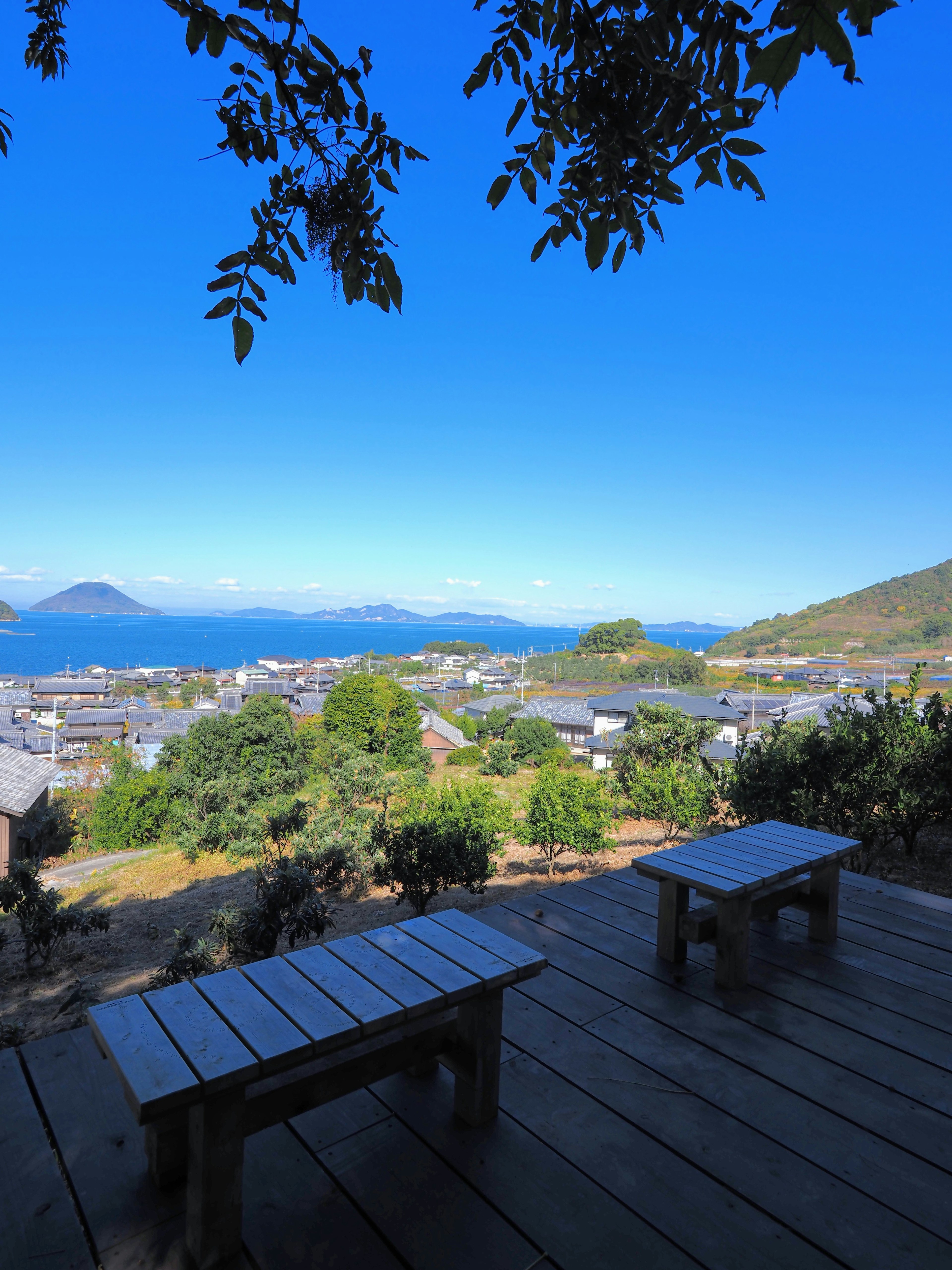 Vista escénica con bancos de madera que miran hacia un hermoso mar