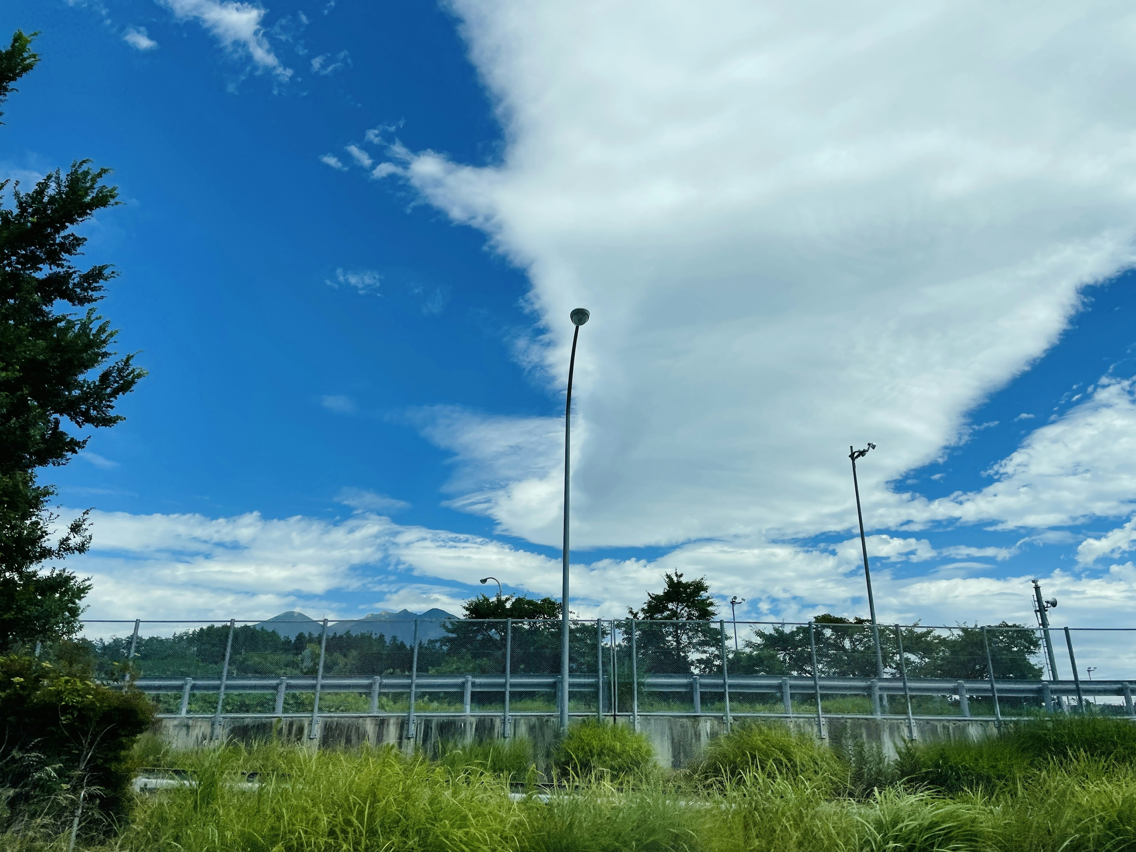 Pemandangan indah dengan langit biru dan awan putih rumput hijau dan pagar terlihat