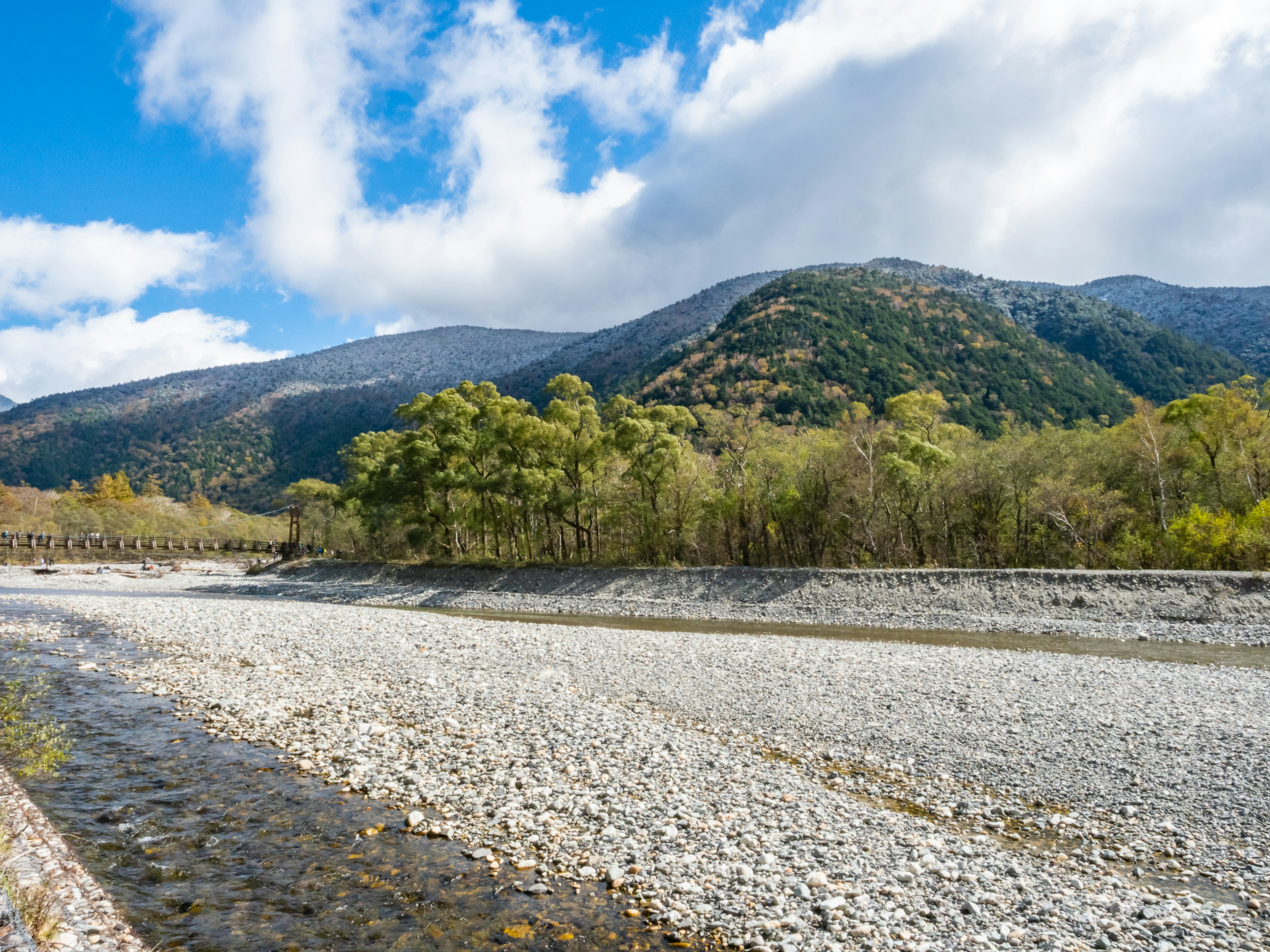 山々と青空を背景に広がる川の風景