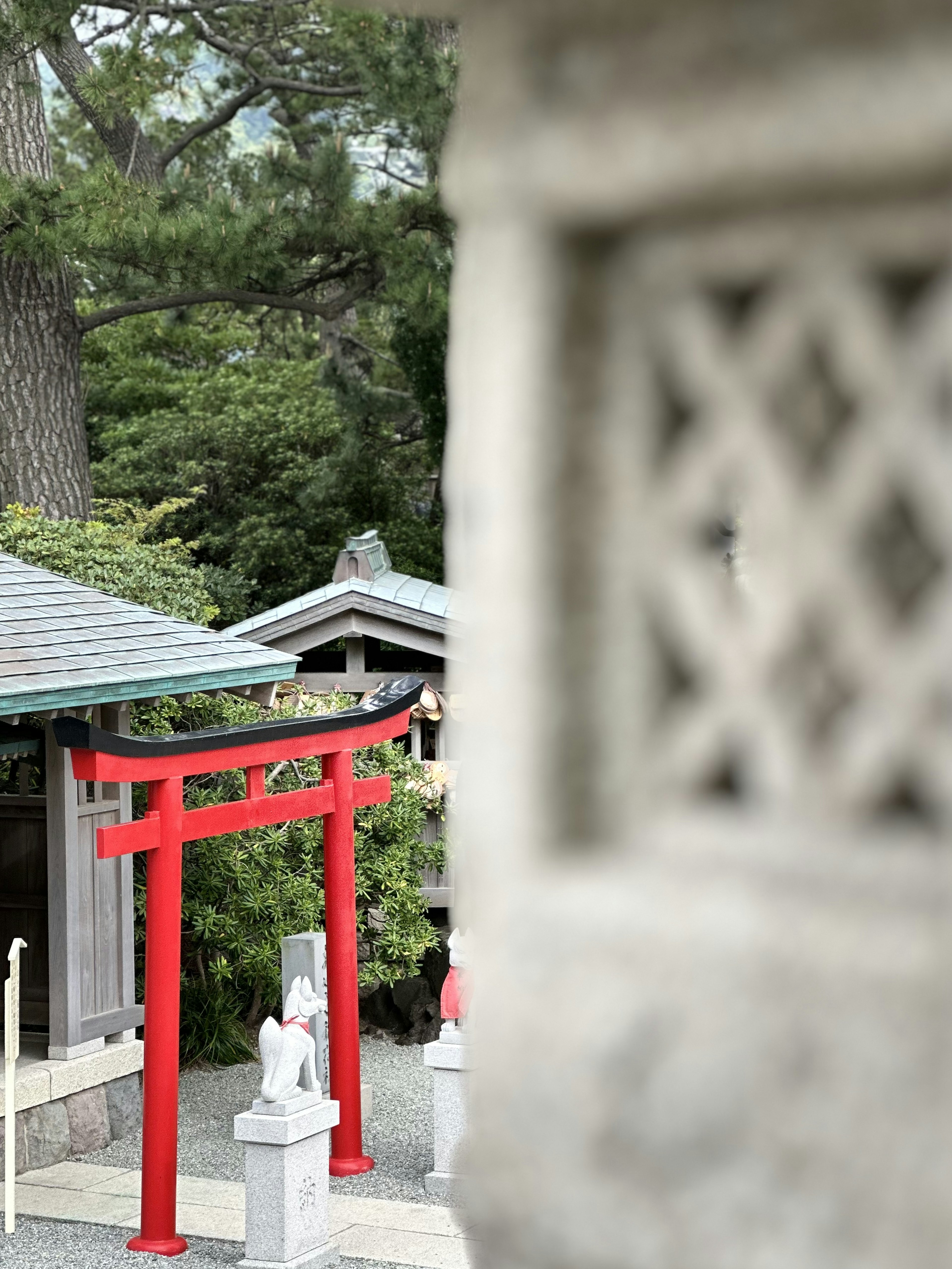 Vista panoramica con un torii rosso e un santuario