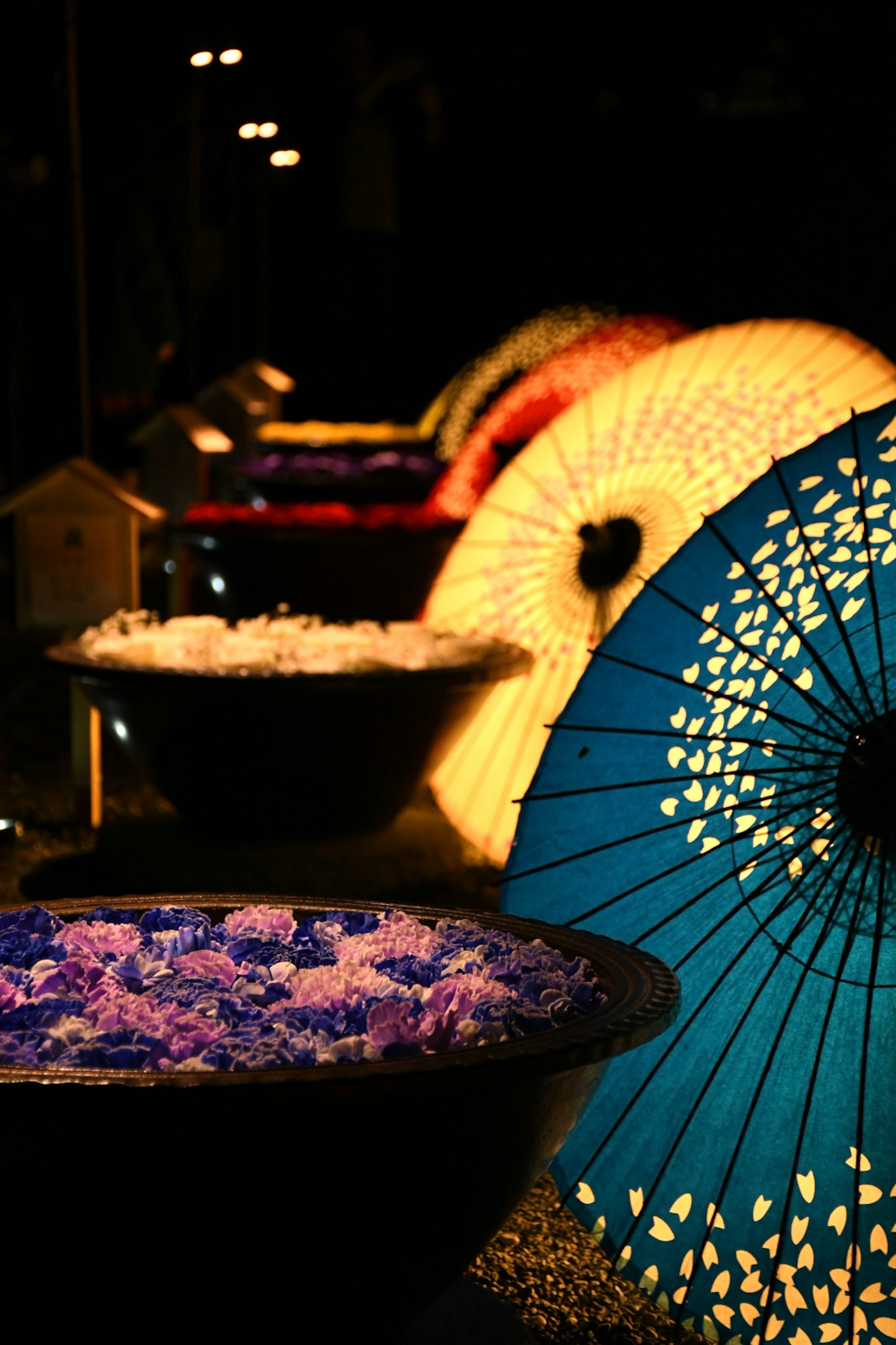 Colorful umbrellas and bowls filled with petals arranged in a night setting