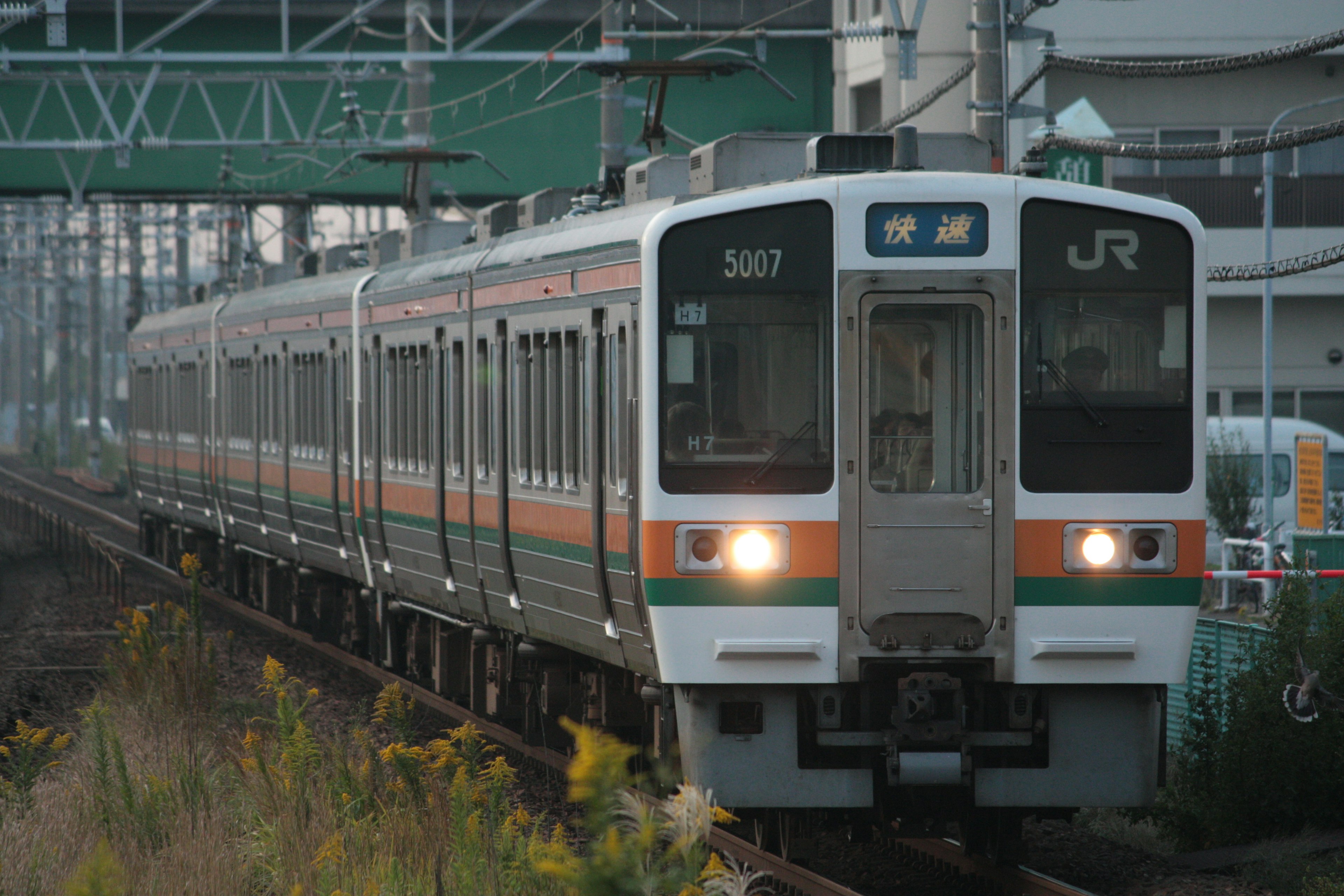 オレンジと緑のストライプが特徴の日本の列車が線路を走っている風景