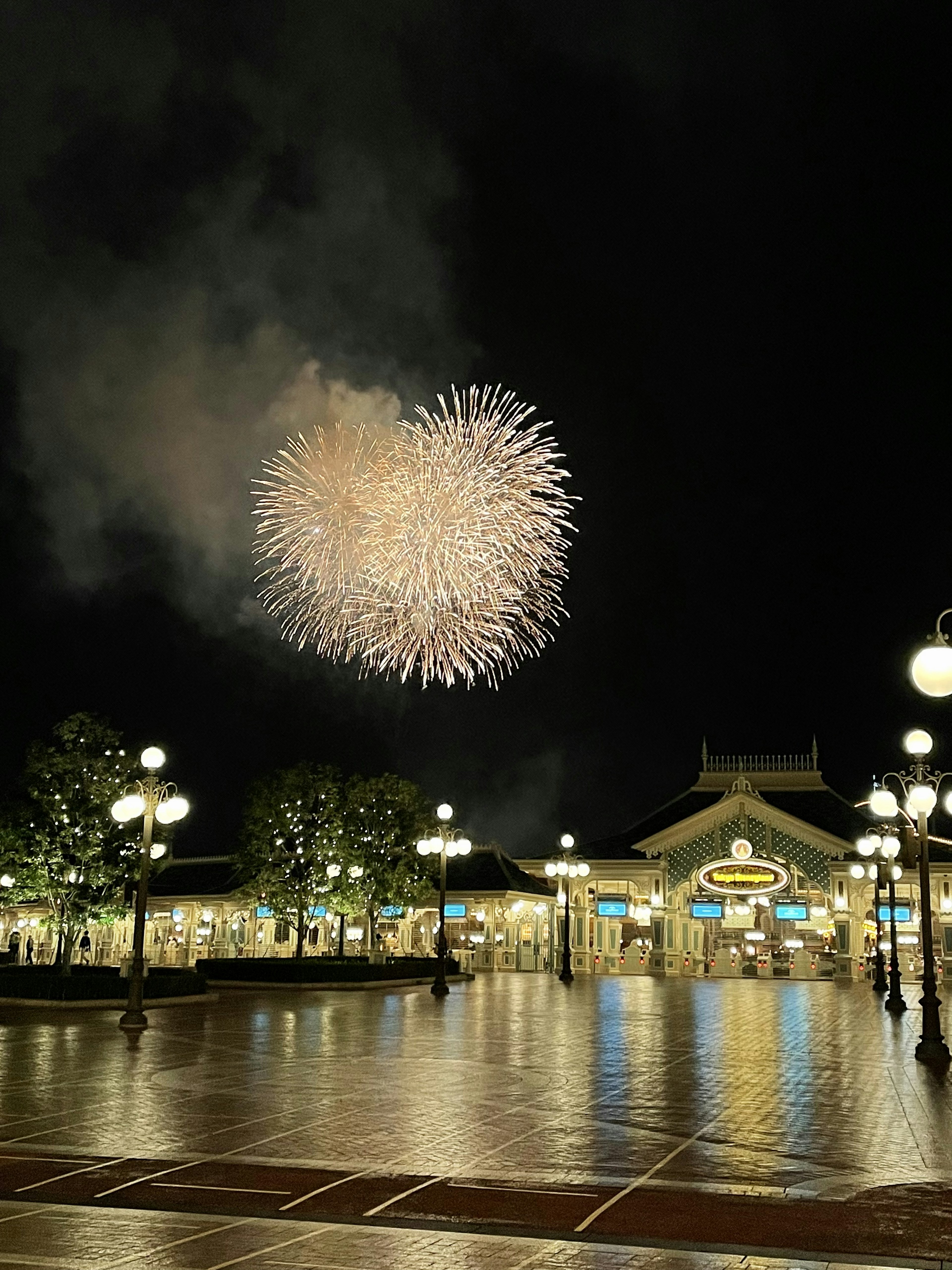 Feuerwerk erhellt den Nachthimmel über einem Park mit hellen Straßenlaternen