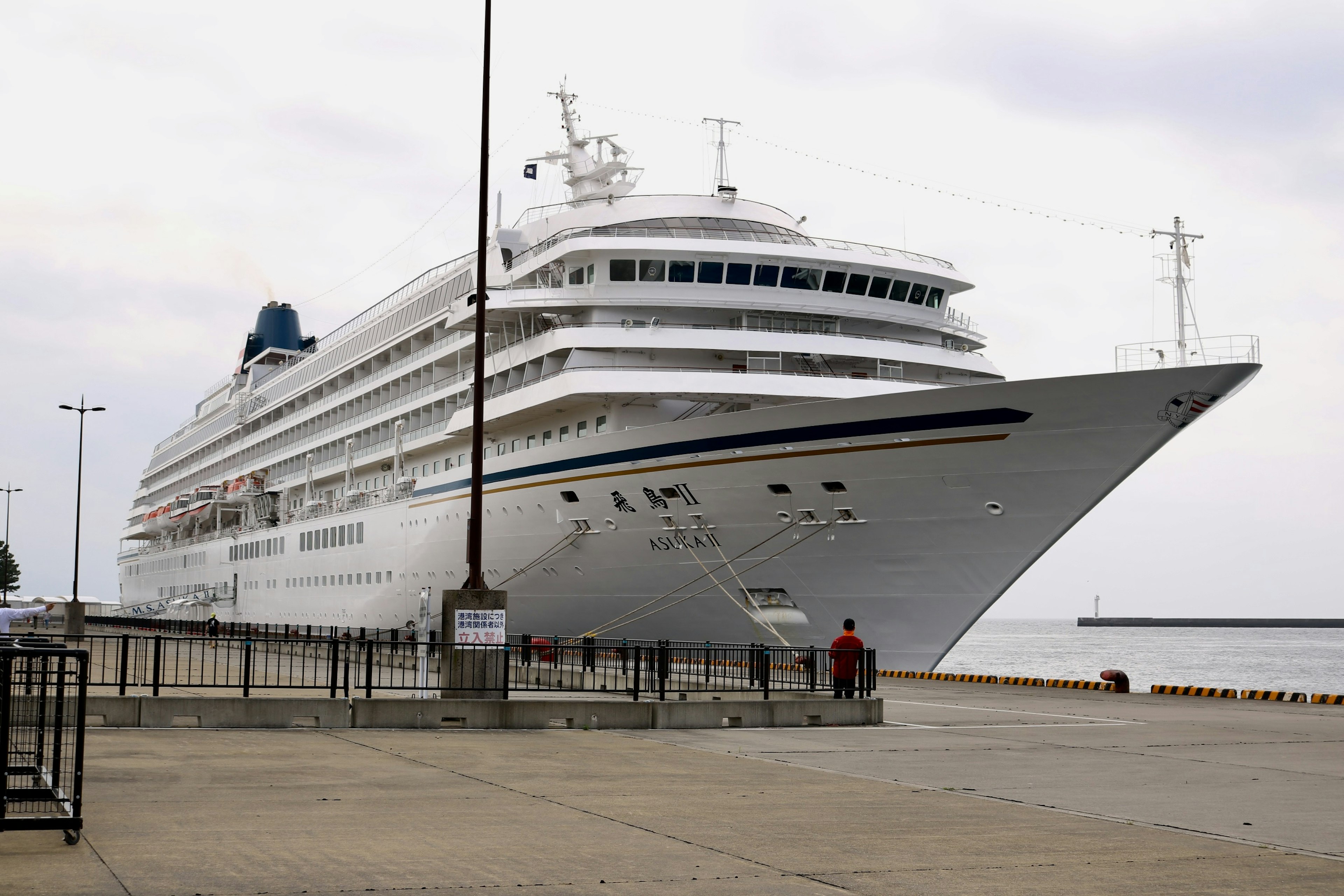 A large white cruise ship docked at the port