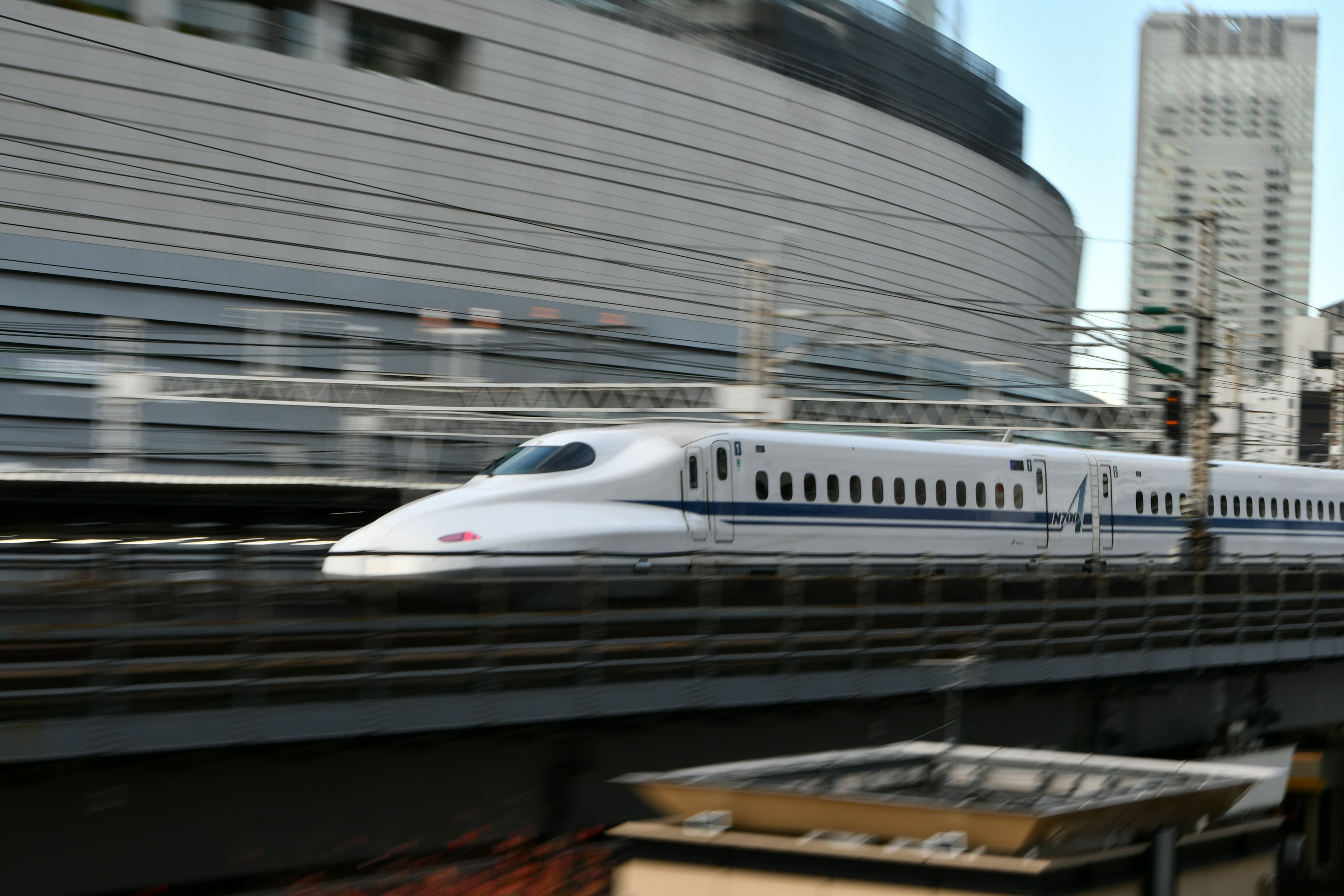 Shinkansen train moving at high speed