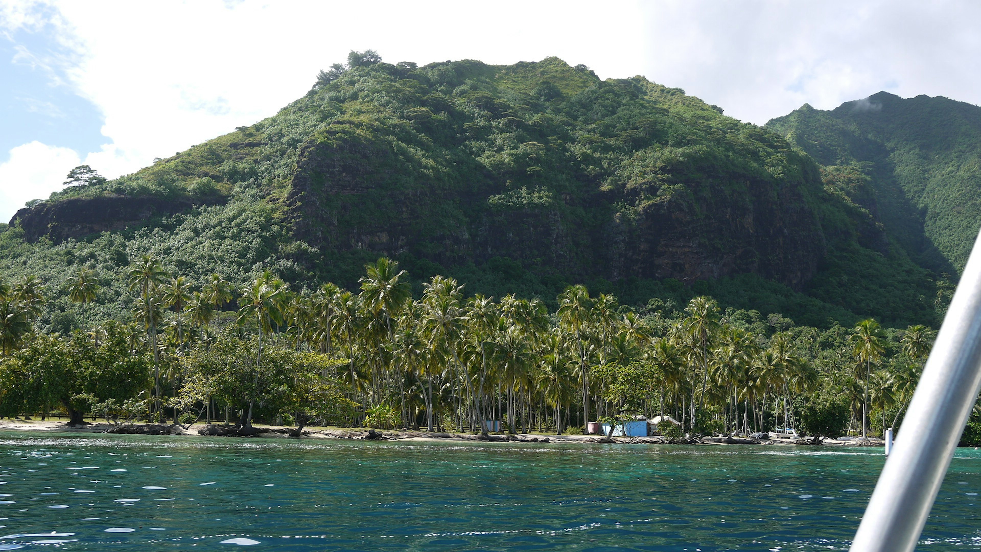 ภูเขาเขียวชอุ่มและชายหาดเขตร้อนพร้อมต้นปาล์มใกล้น้ำ